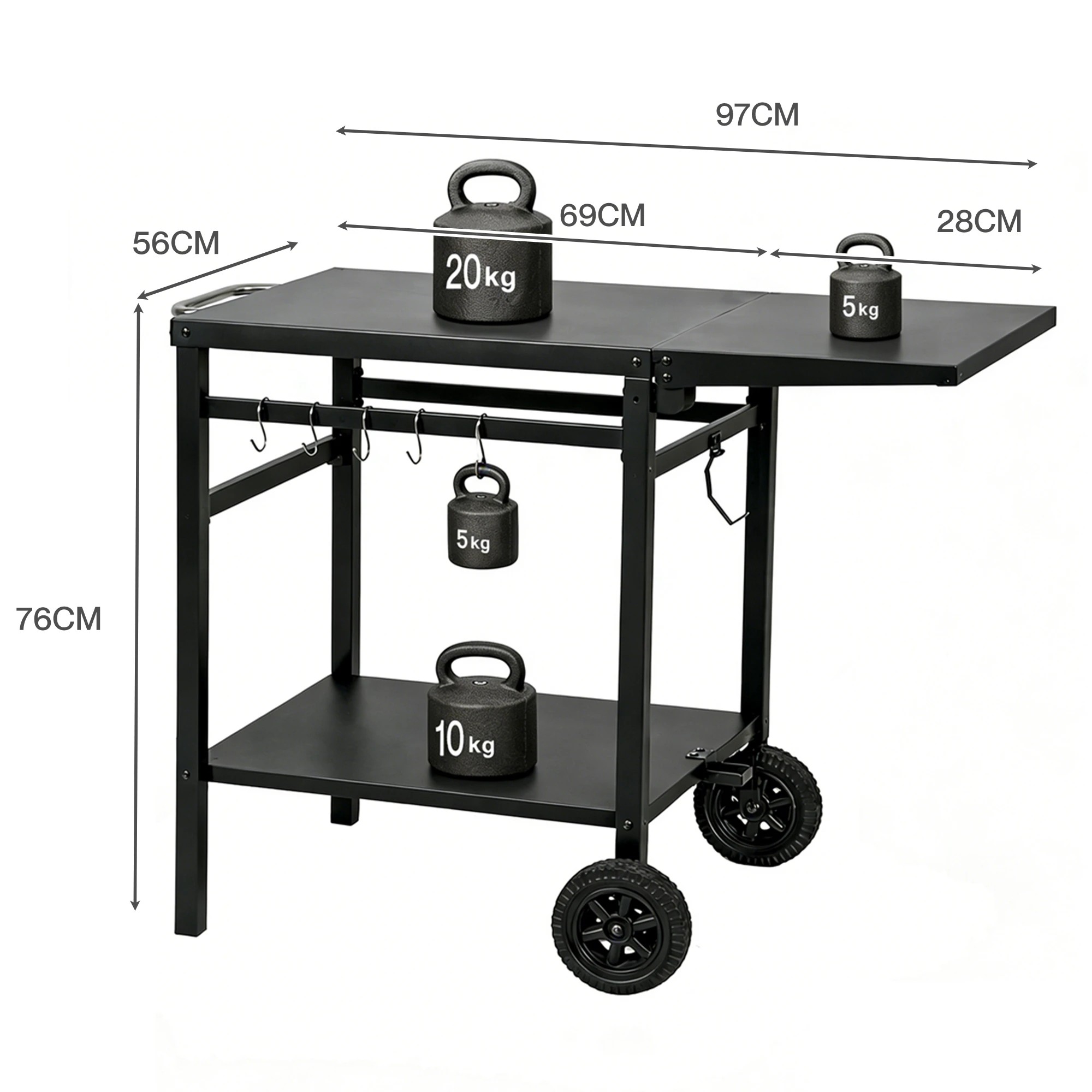 3 Levede Double-Shelf Trolley With Folding Tabletop - Black - Black, 3 of 5