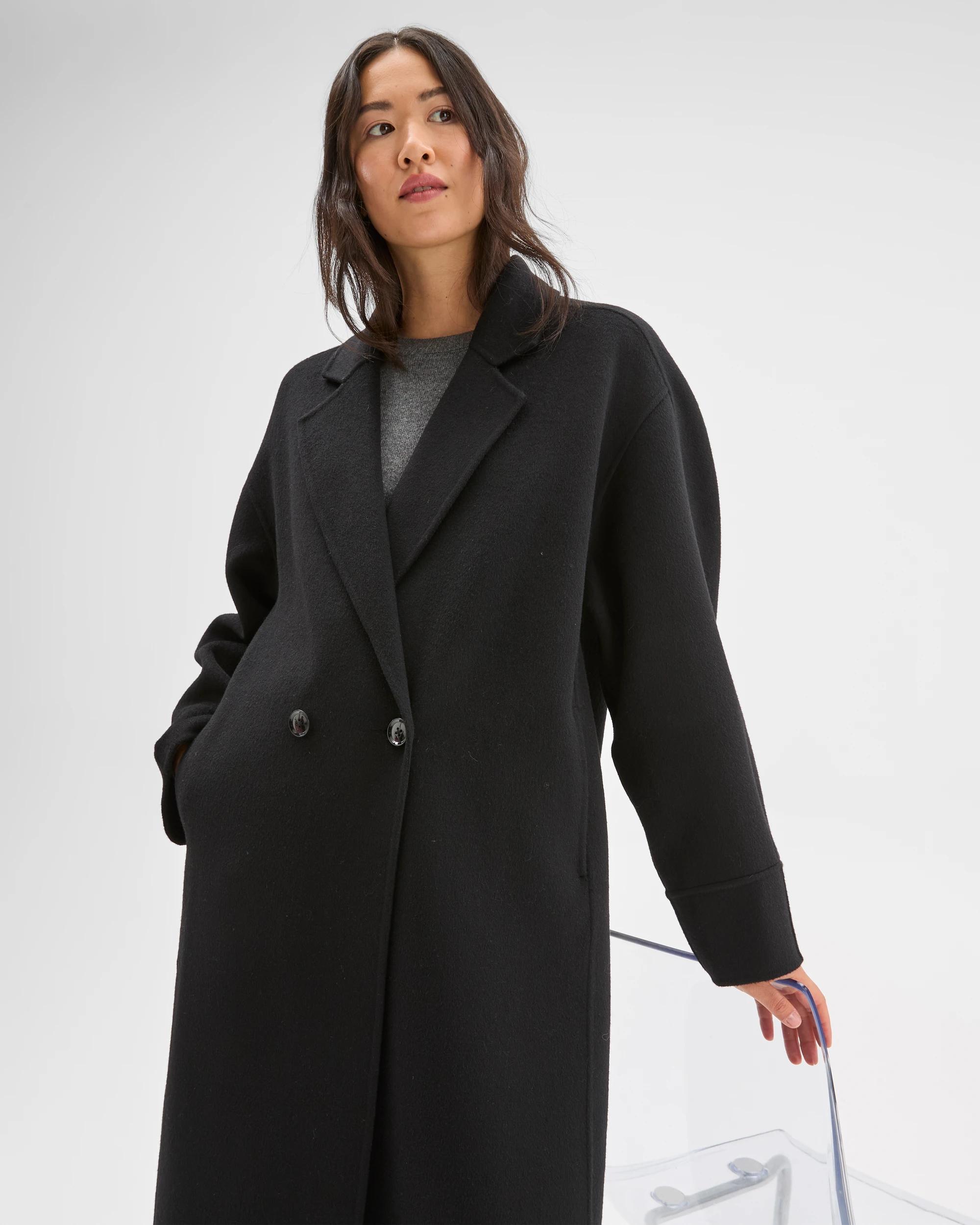 2 Preview Wool Blend Double Breasted Cocoon Coat BLACK, 2 of 7