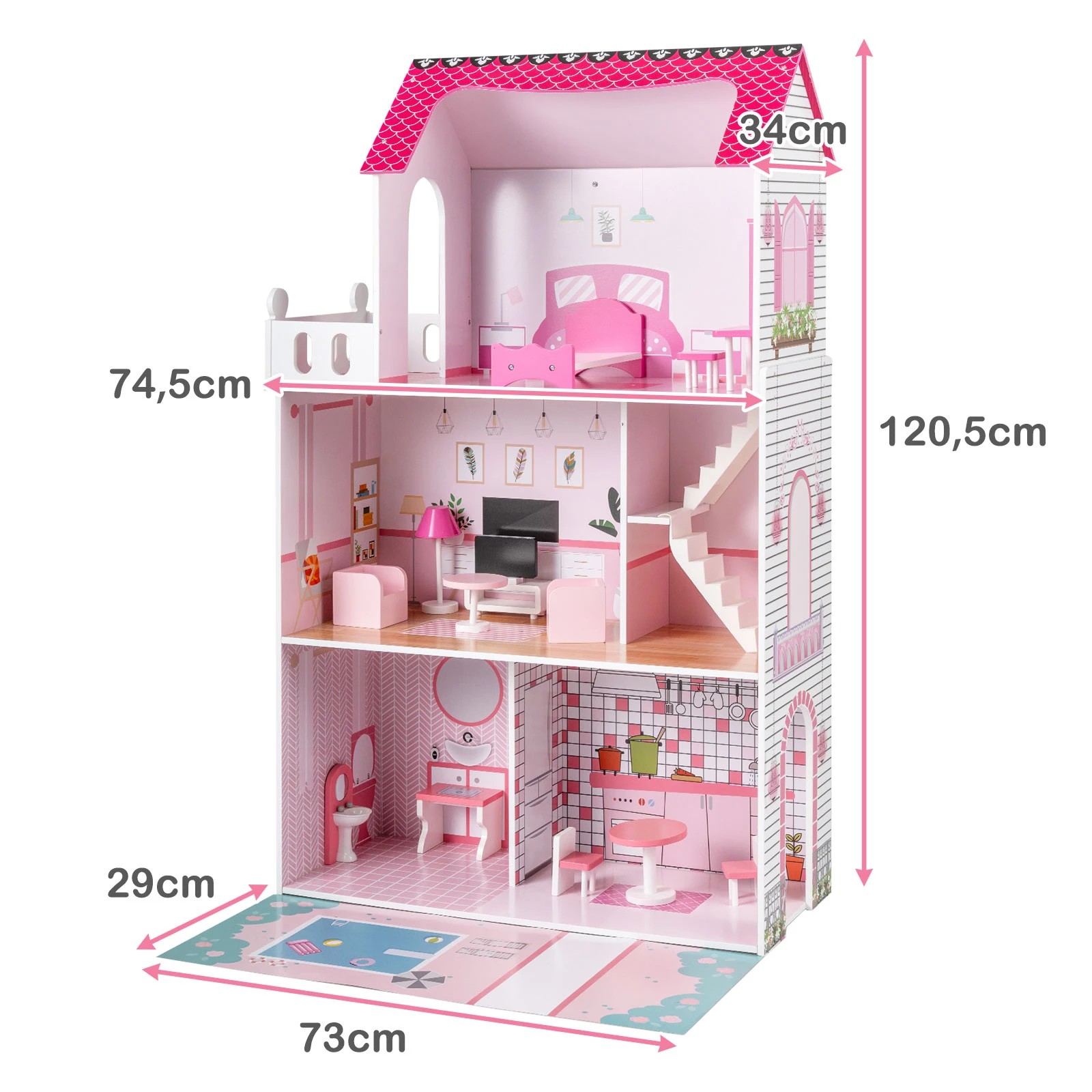 3 Costway 3-story Pretend Play Dollhouse Wooden Doll House - Pink, 3 of 3