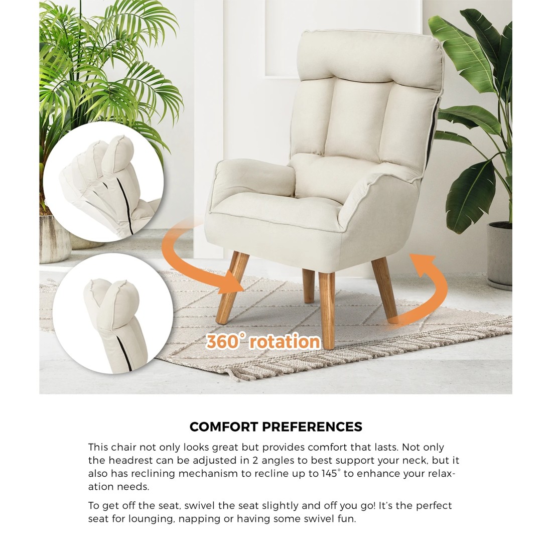 4 Oikiture Swivel Recliner Armchair Lounge Ottoman Accent Chair With Stool
 - Beige, 4 of 10