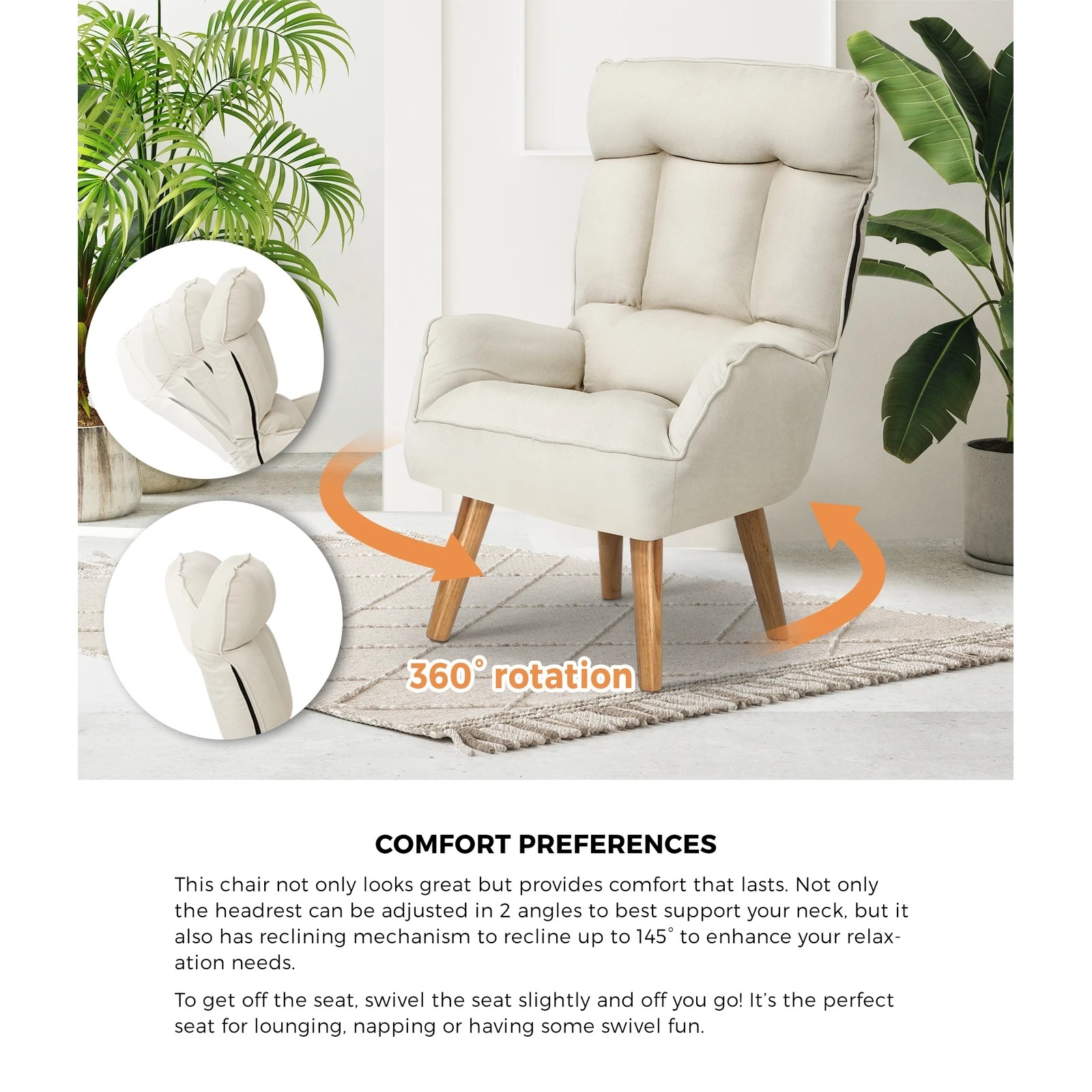 4 Oikiture Swivel Recliner Armchair Lounge Ottoman Accent Chair With Stool
 - Beige, 4 of 10