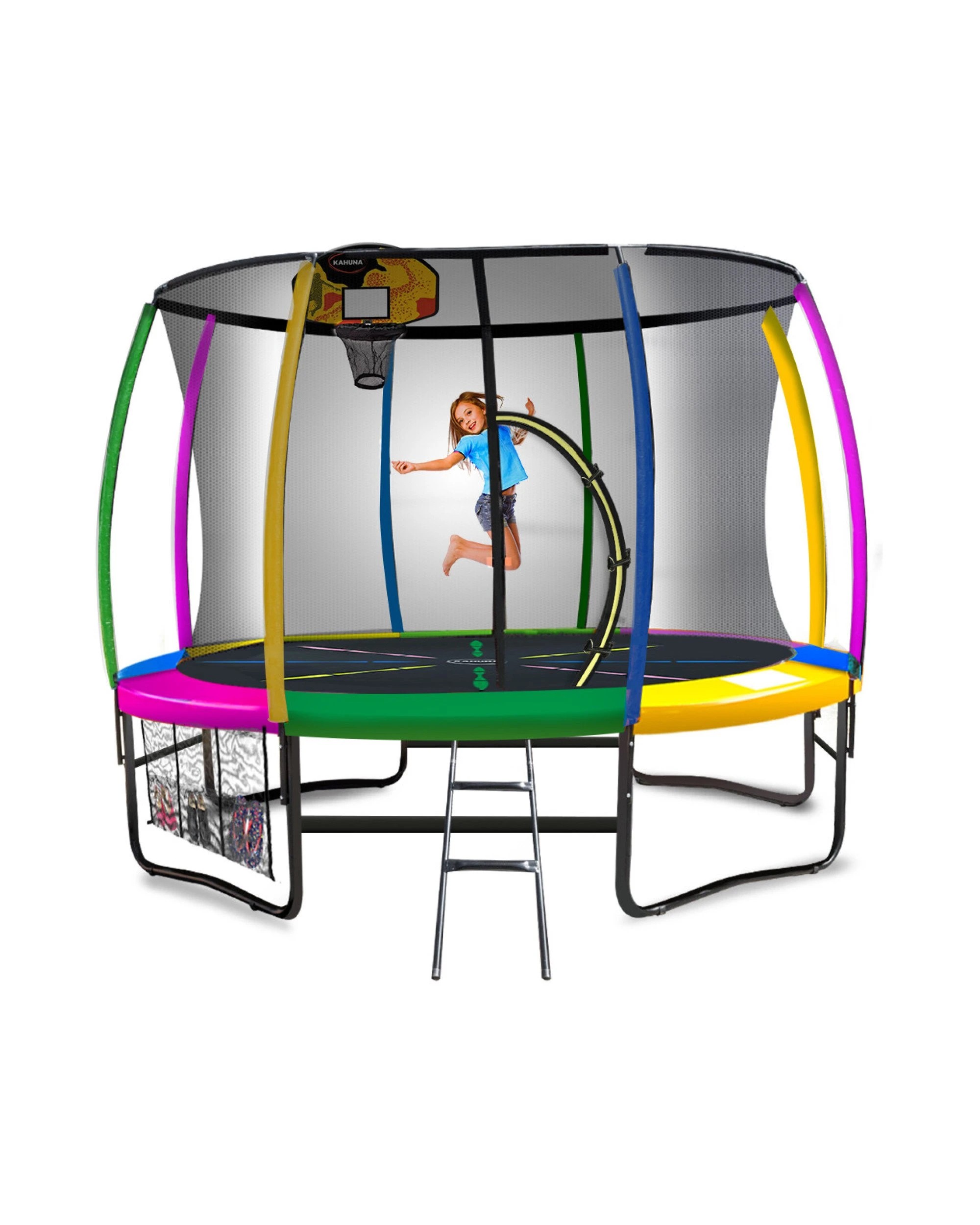 1 Kahuna Trampoline 8 Ft With L.e.d Basketball Set - Rainbow, 1 of 10