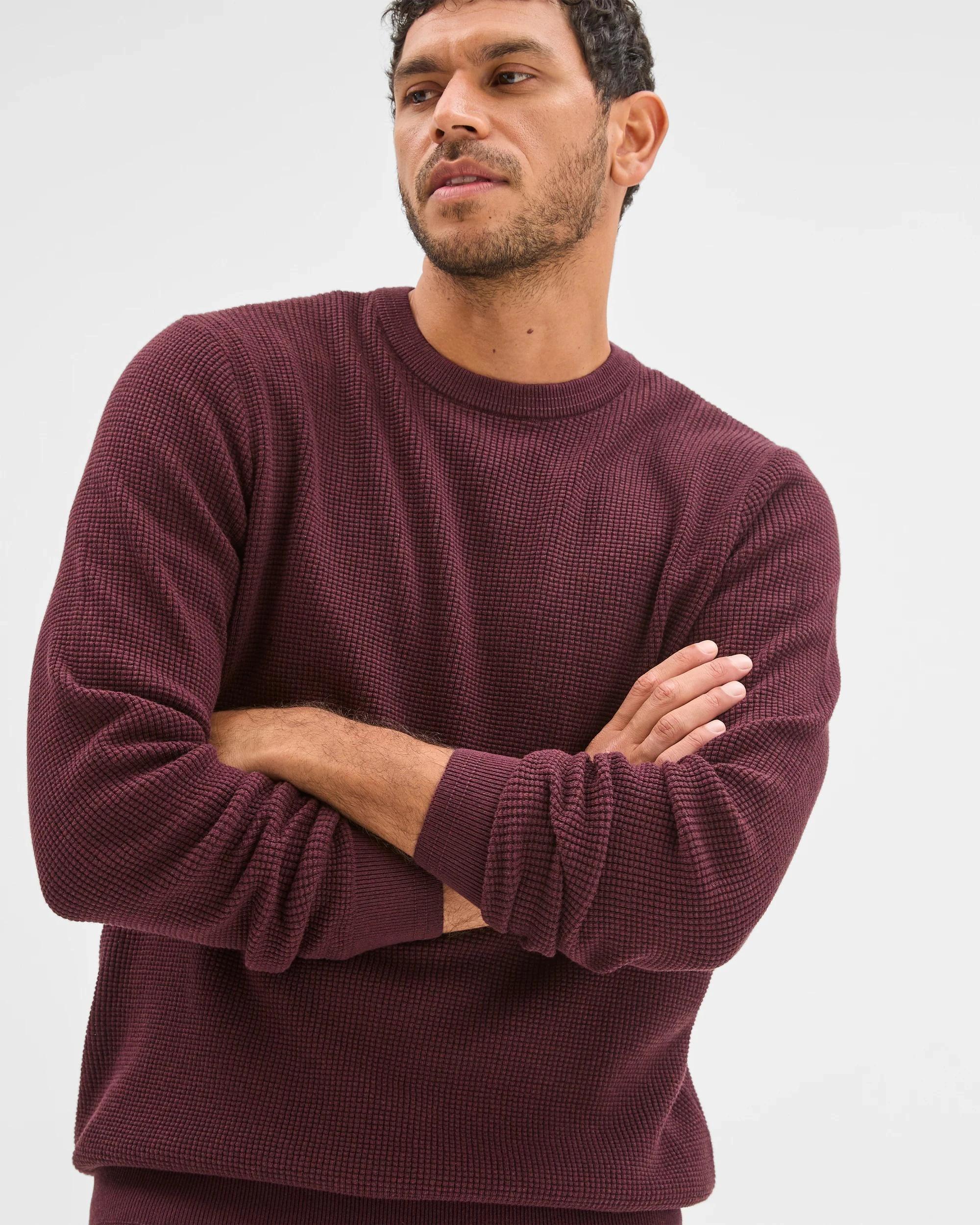 2 Target Man Australian Cotton Lightweight Waffle Knit Crew Neck Jumper OXBLOOD MARLE, 2 of 6