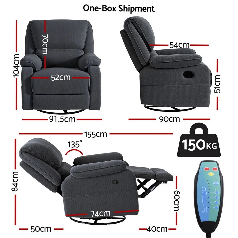2 Artiss Rocking Recliner Chair 360 Swivel Massage Heated Reclining Chairs - Grey, 2 of 8