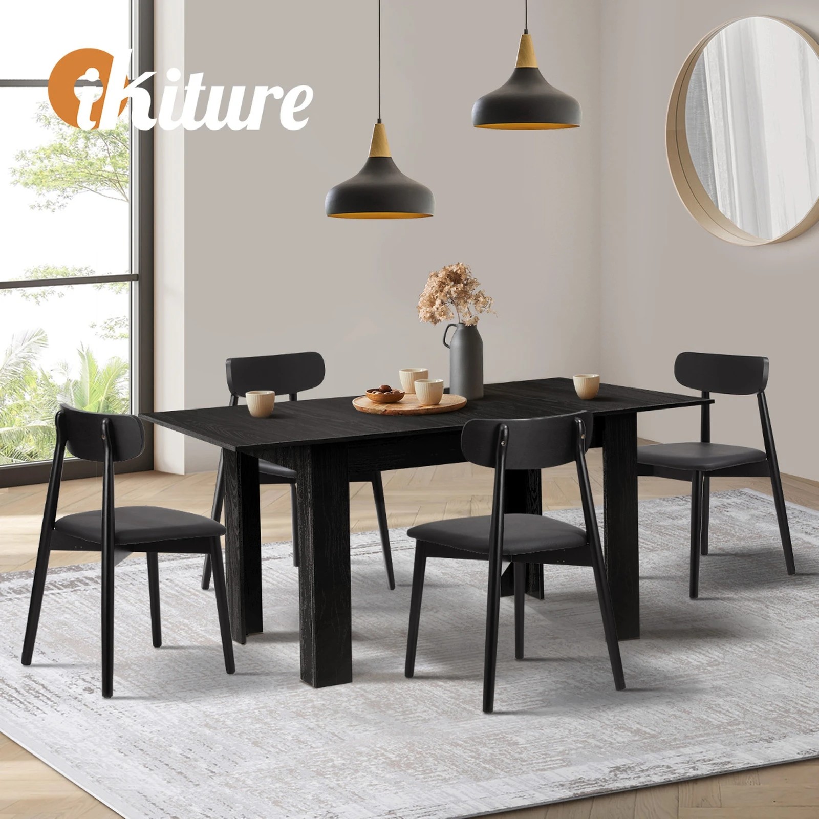 6 Oikiture 160cm Extendable Dining Table with 4x Dining Chairs PU Leather - Black, 6 of 9