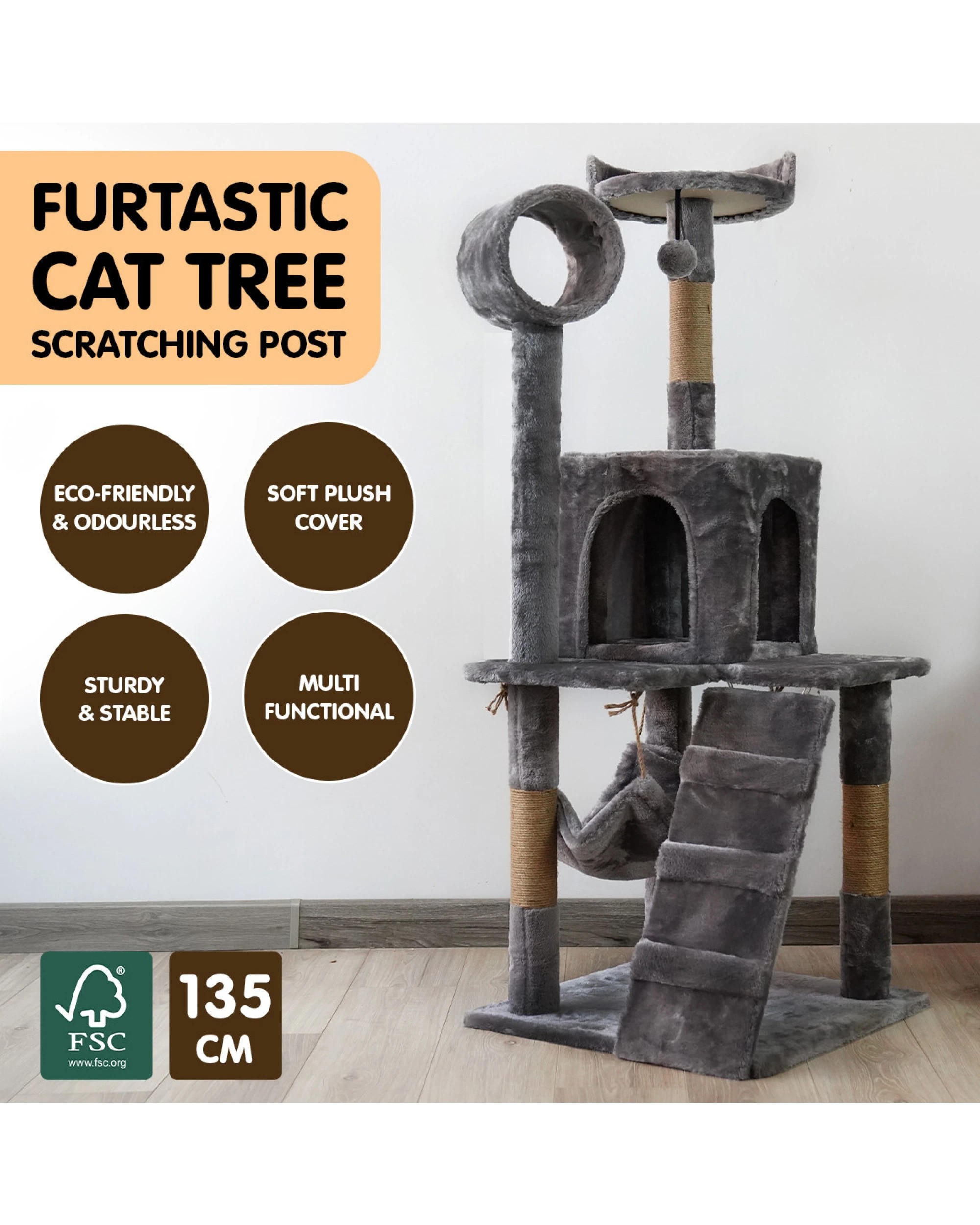 6 Furtastic 135cm Cat Tree Scratching Post - Dark Grey, 6 of 6
