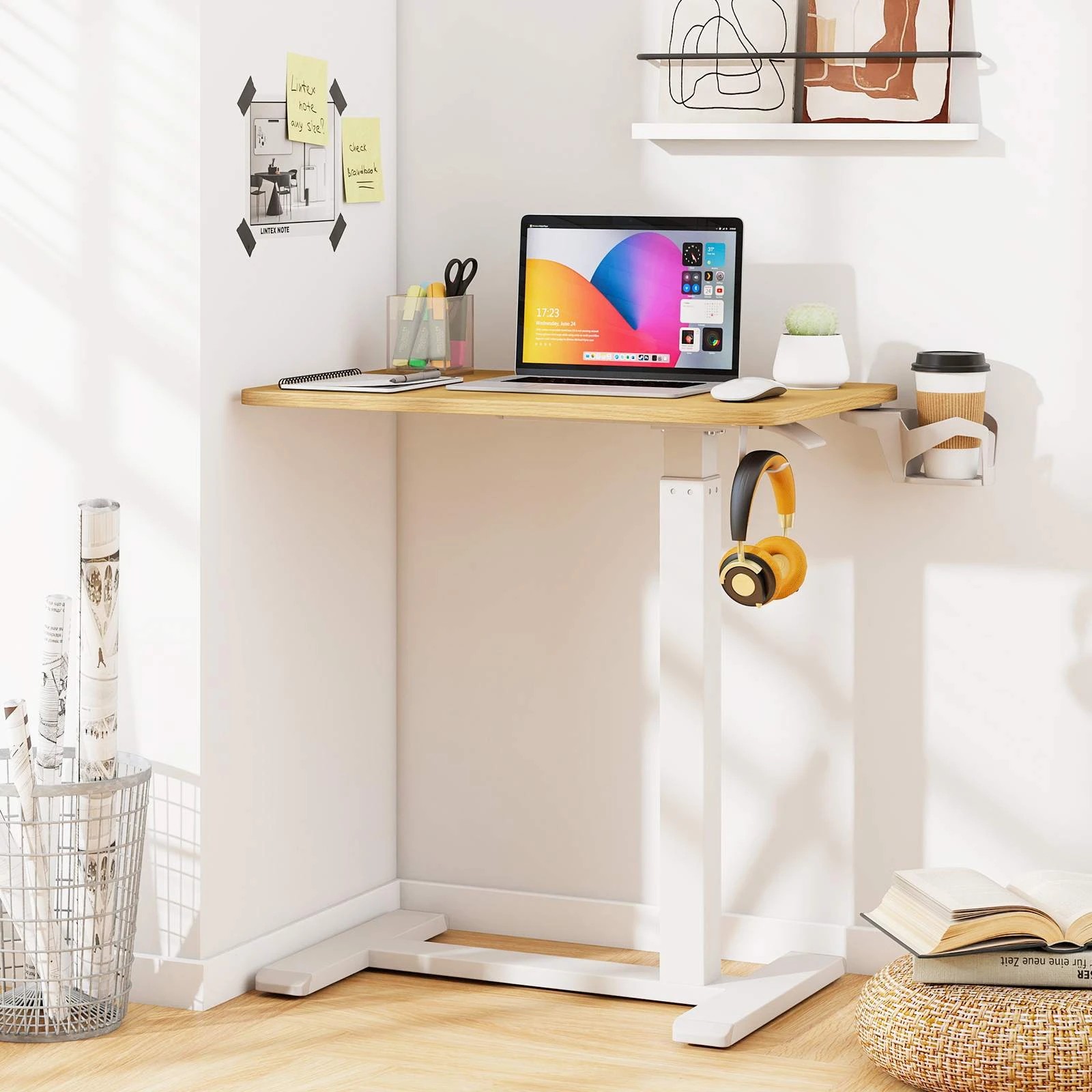 4 Costway Mobile Standing Desk Height Adjustable Overbed Bedside Table Rolling Study Desk - Natural, 4 of 5