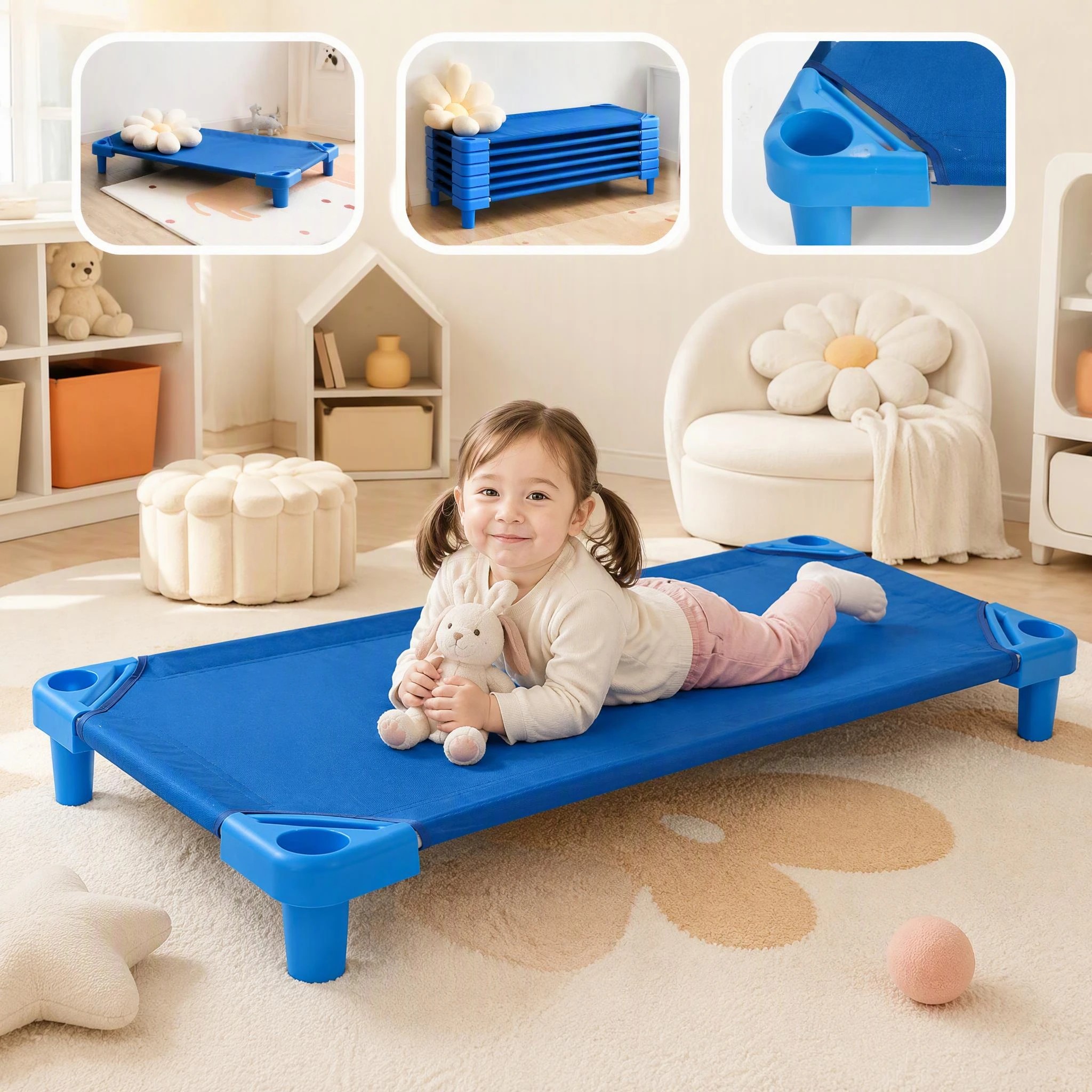 2 Costway 6PCS Stackable Naptime Cot 130x57cm Sleeping Daycare Rest Mat - Blue, 2 of 7