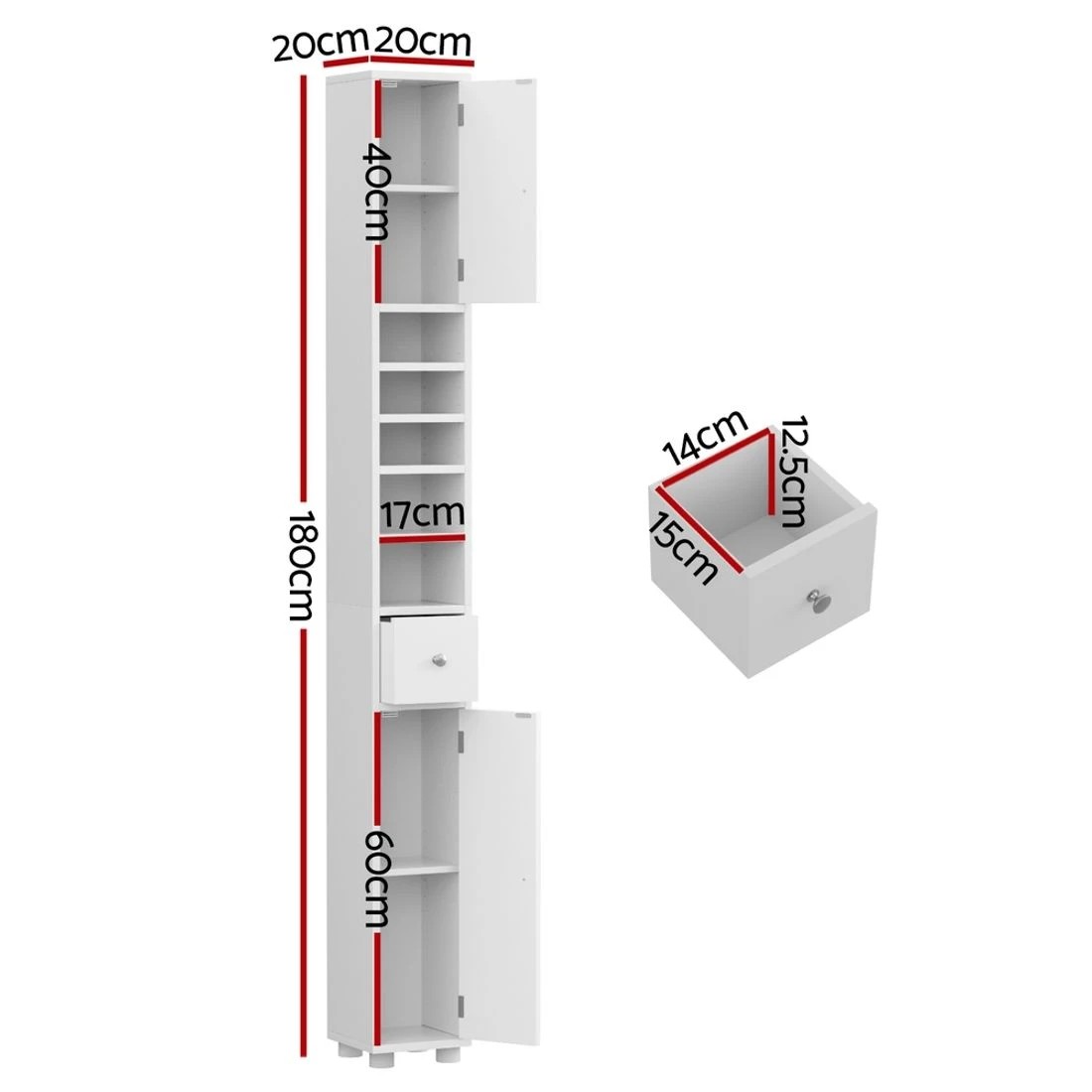 4 Artiss Tall Bathroom Storage Cabinet 180cm Slim Linen Tower Adjustable Shelves Durable Space Saving Organizer - white, 4 of 8