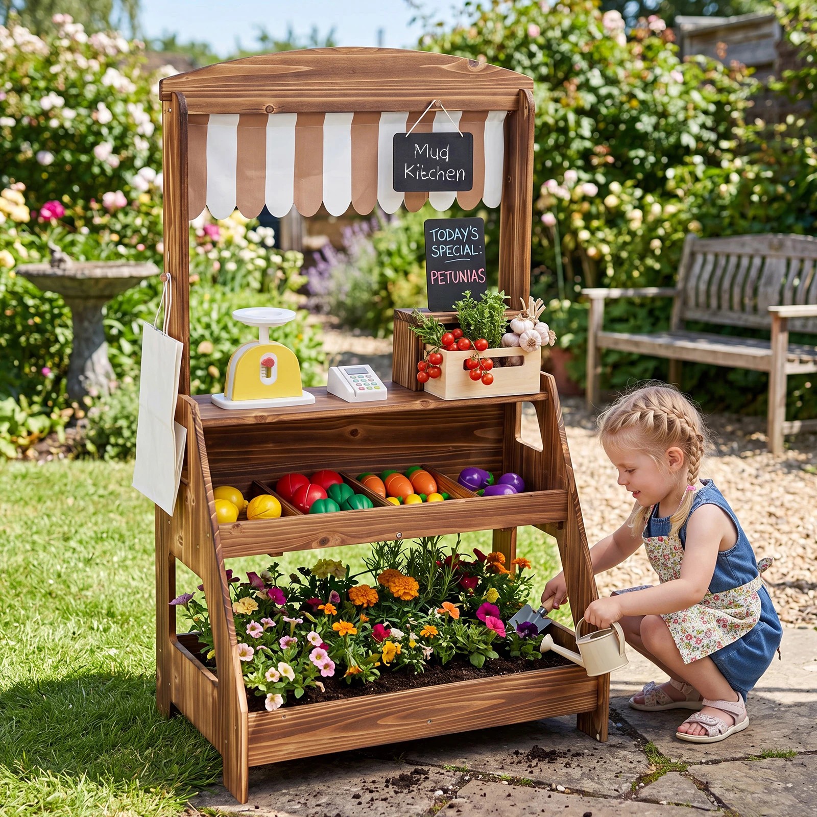 4 Costway Wood Mud Kitchen & Market Stand 2in1 Pretend Playset Planter Box 2 Chalkboard - Brown, 4 of 4