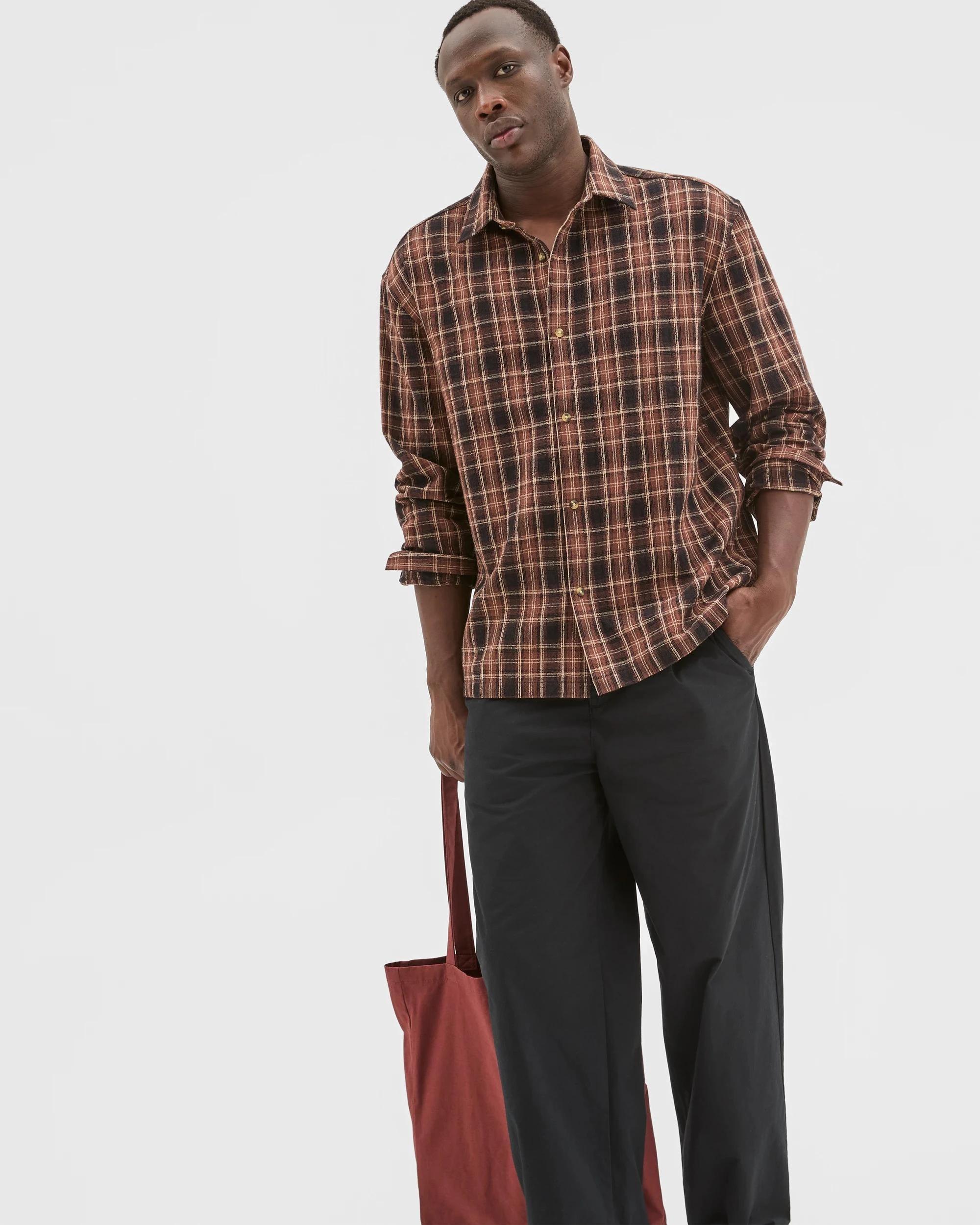 7 Commons Australian Cotton Boxy Fit Long Sleeve Textured Shirt TAN LARGE CHECK, 7 of 7