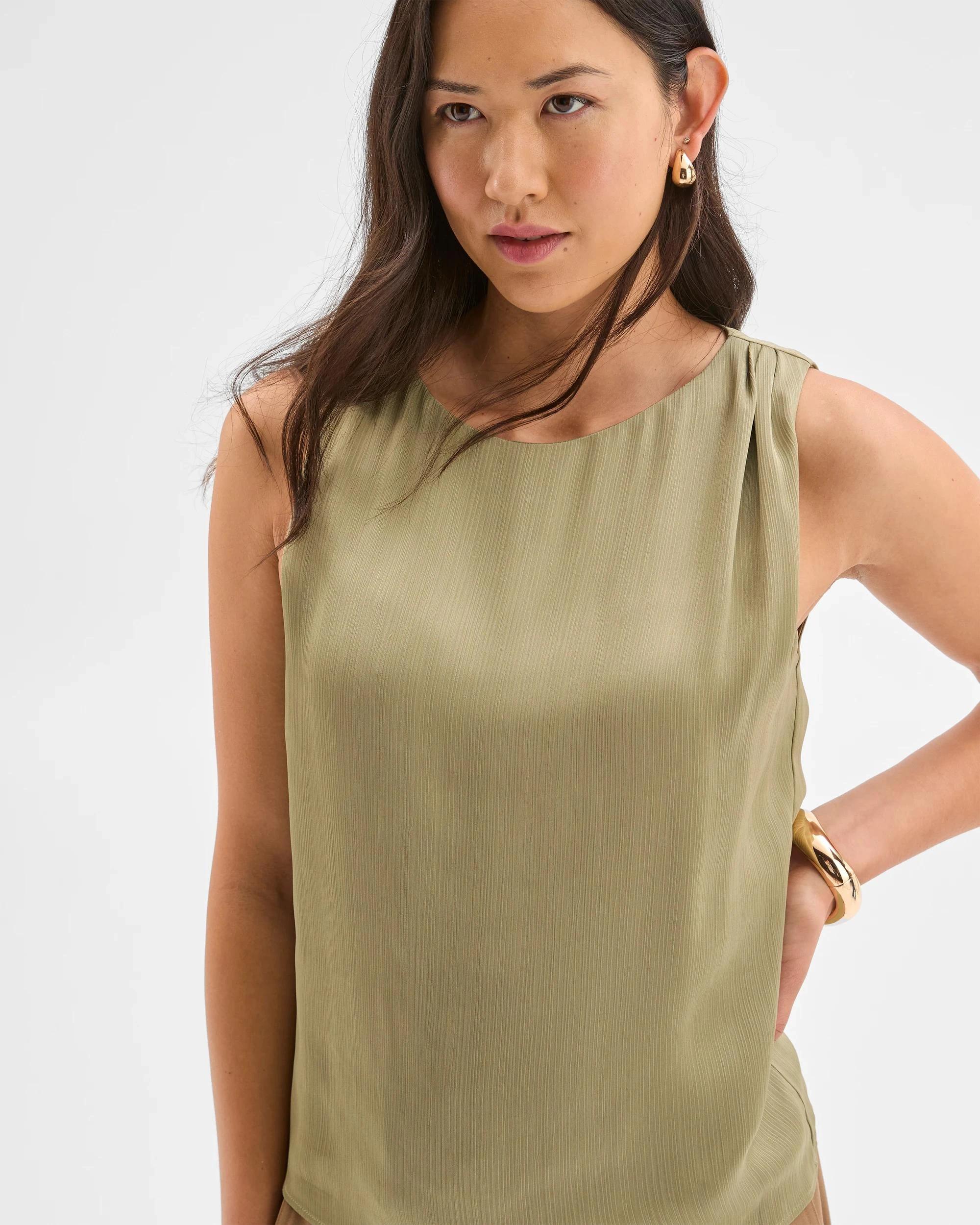 5 Preview Sleeveless Shoulder Pleat Detail Blouse MOSS, 5 of 8