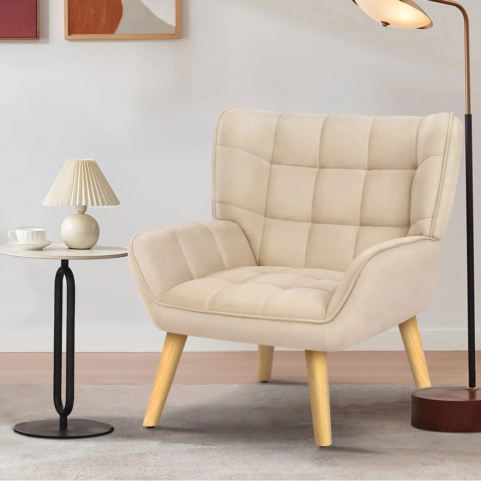 4 Alfordson Armchair Accent Chair Upholstered Lounge Sofa Tub Couch Velvet - Beige, 4 of 9