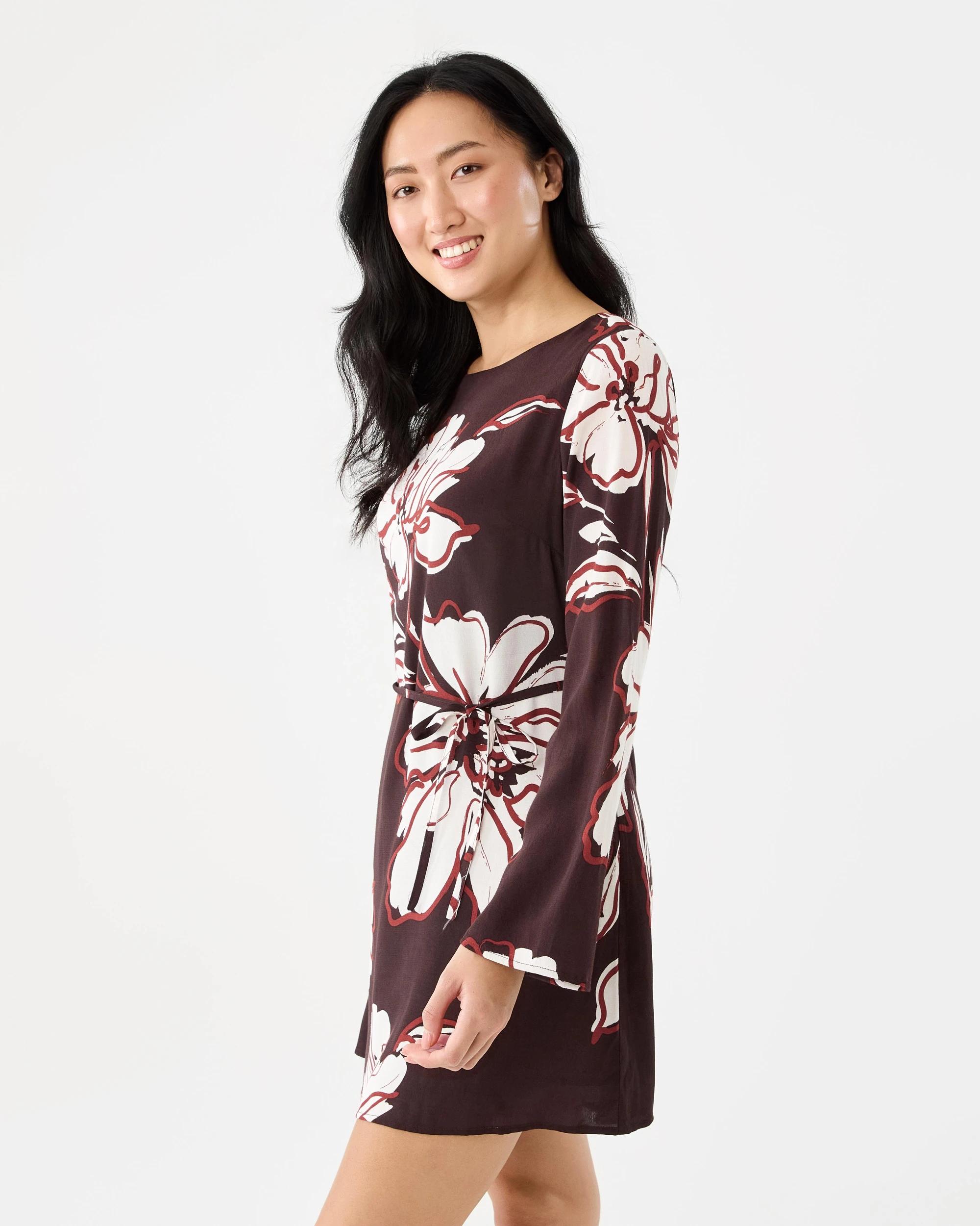2 Long Sleeve Crepe Tie Mini Dress Abst Cloud, 2 of 9
