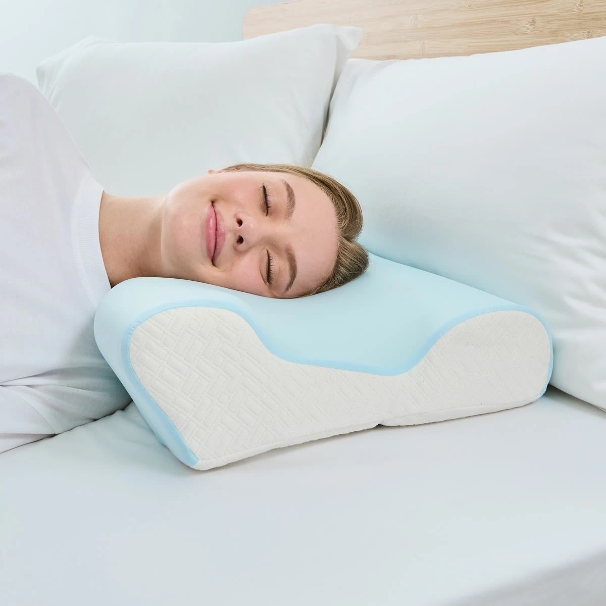 3 Ergonomic Memory Foam Pillow - Medium Profile, Blue and White, 3 of 10