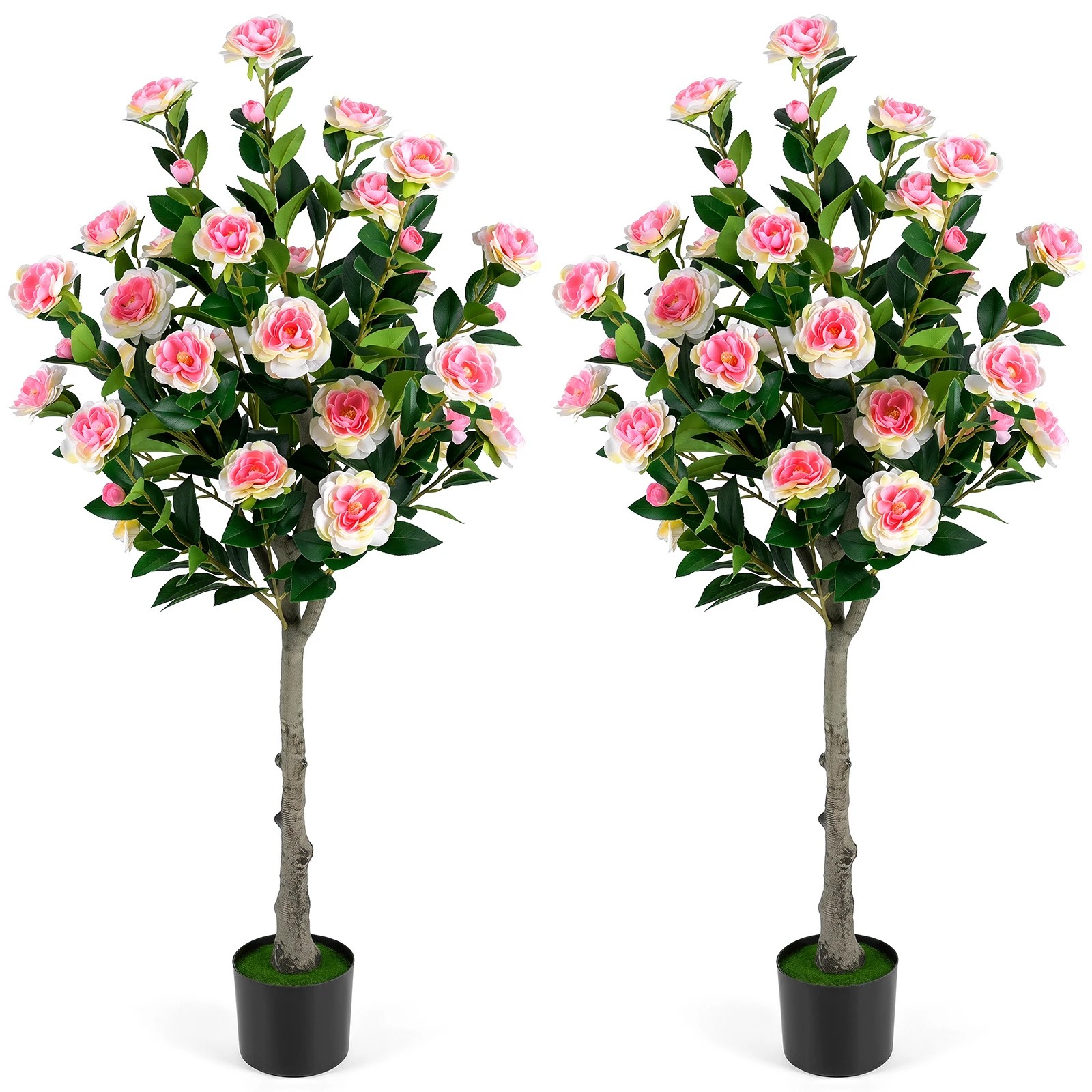 1 Costway 128cm Artificial Camellia Tree Faux Flower Greenery Plant 2 Pack, 1 of 3