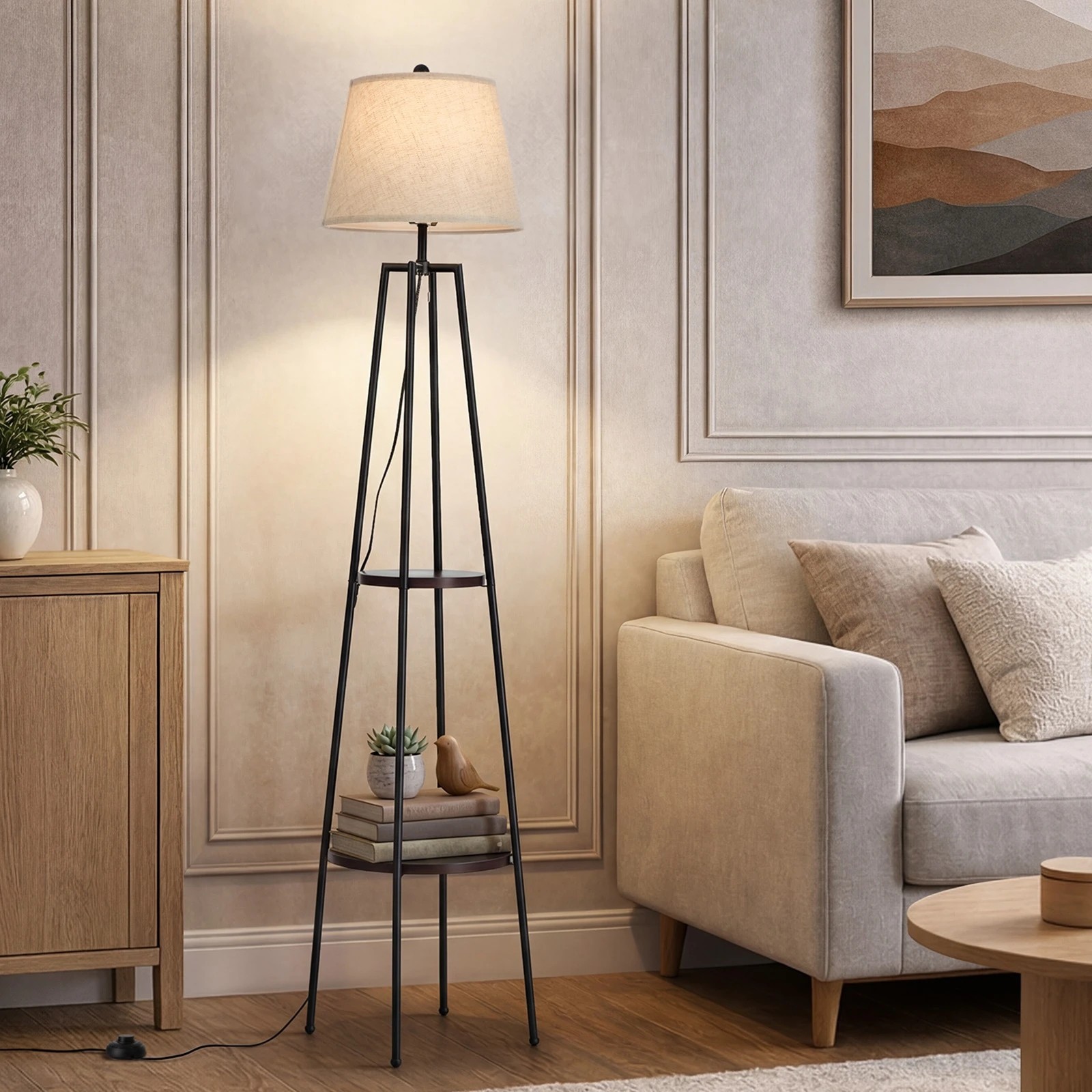 8 Oikiture Floor Lamps Fabric Shade Standing Lamp with Display Shelf - Black, 8 of 8