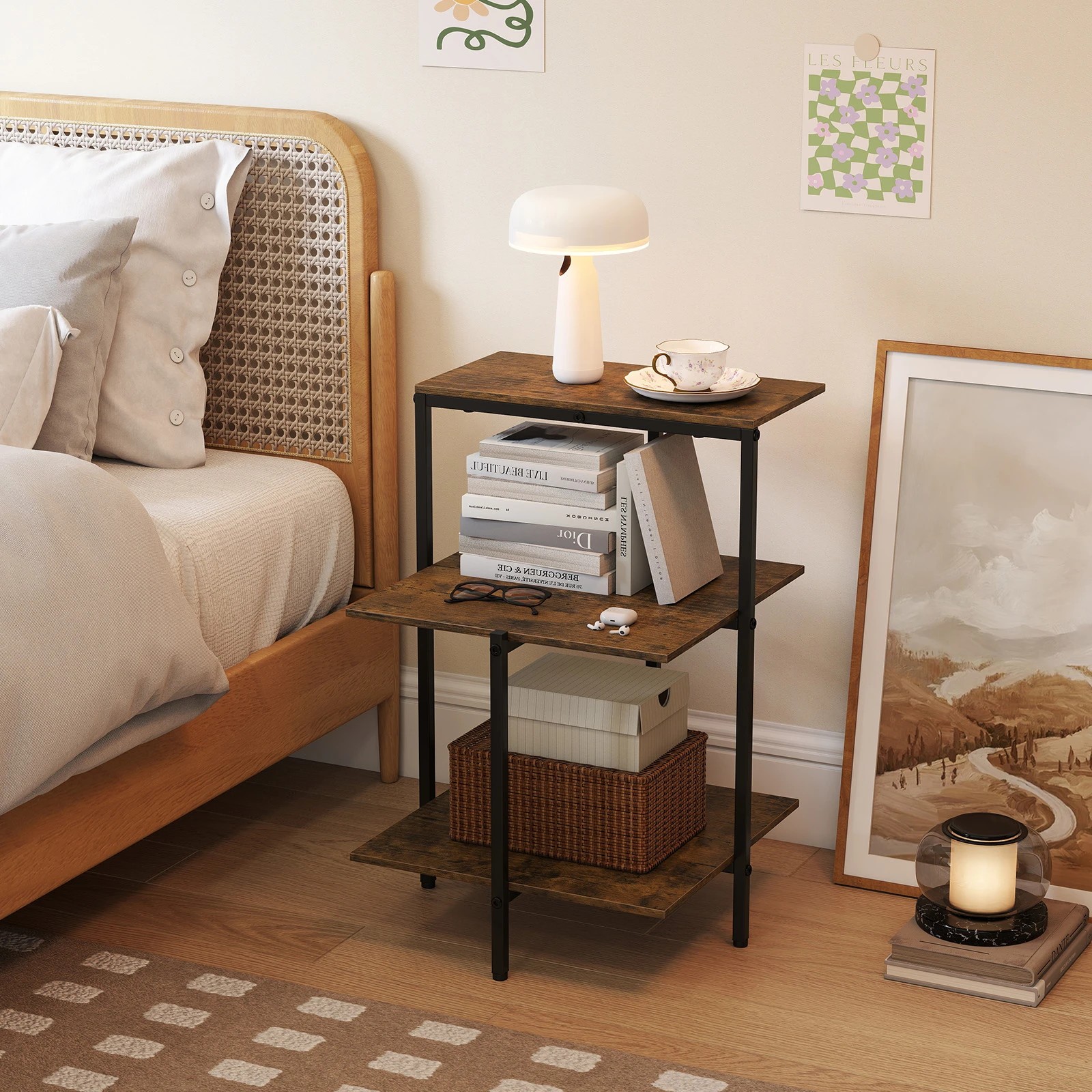 4 Costway 3-Tier Industrial BedsideTable Square Nightstand Open Storage Shelves, 4 of 7