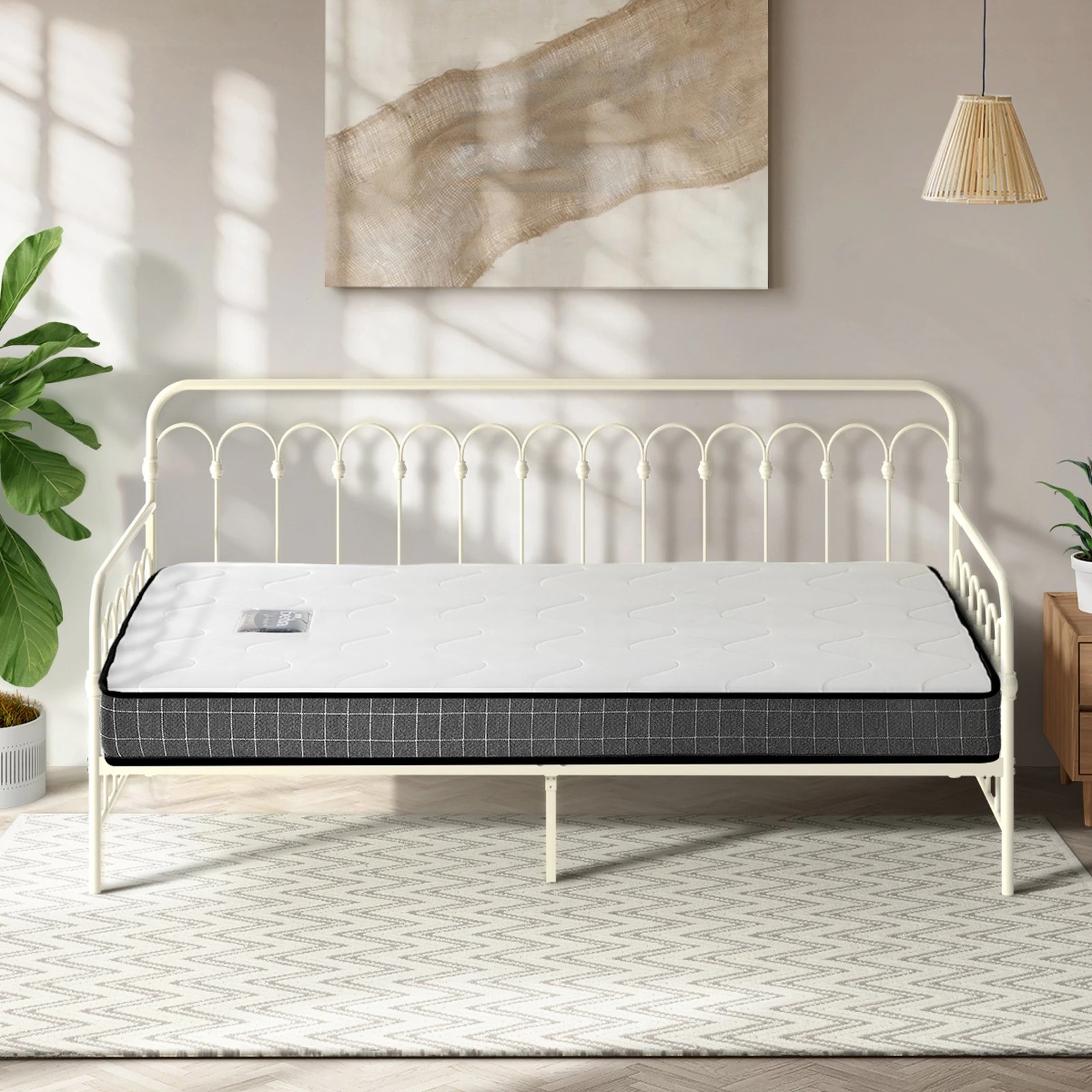 4 Oikiture Metal Daybed Frame Single Size Sofa Bed Support with Mattress - Beige, 4 of 10