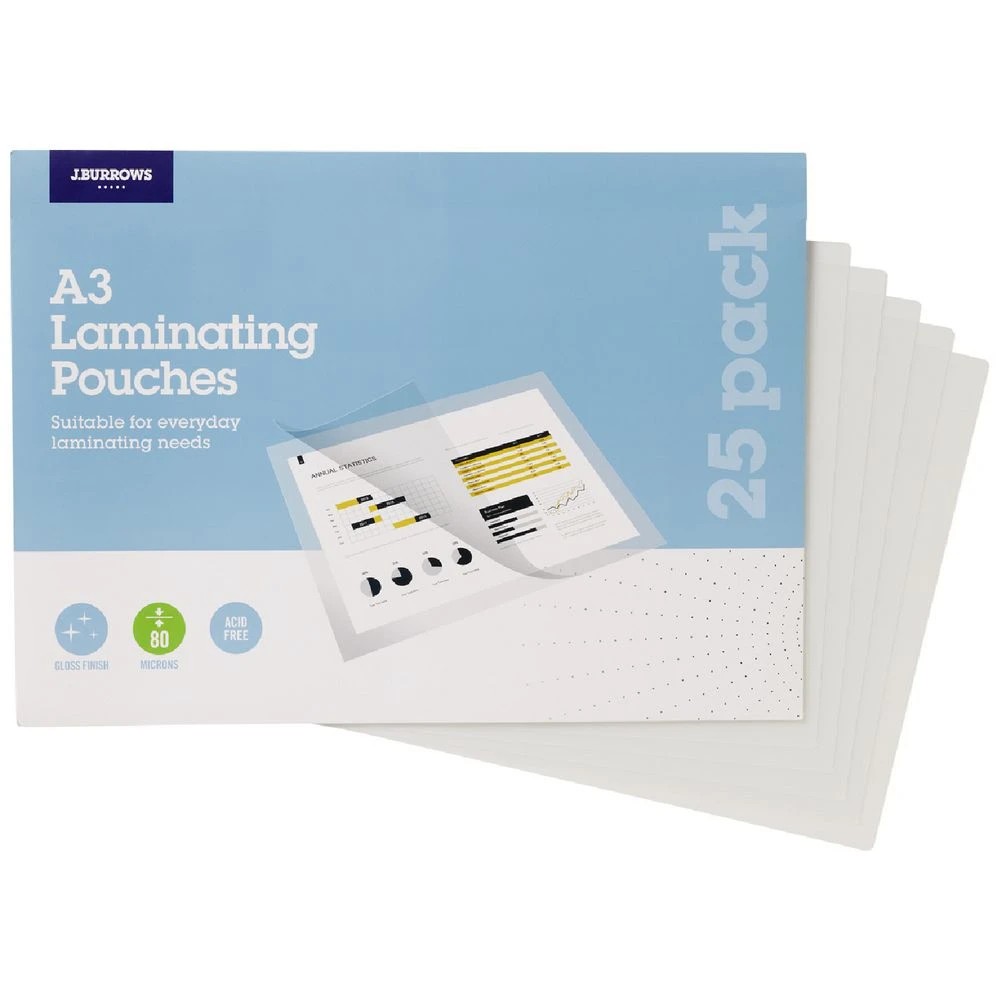 2 J.Burrows A3 Laminating Pouches 80 Micron 25 Pack Gloss, 2 of 3