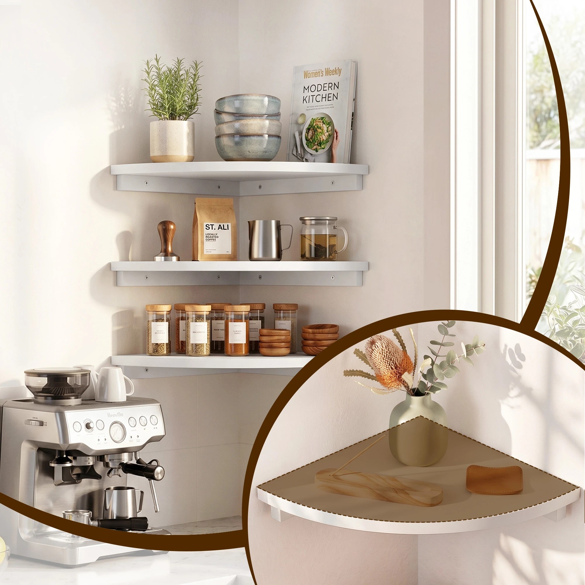 5 Artiss 3pc Corner Floating Wall Shelf Wall Mounted Display Rack Round Edge - White, 5 of 8