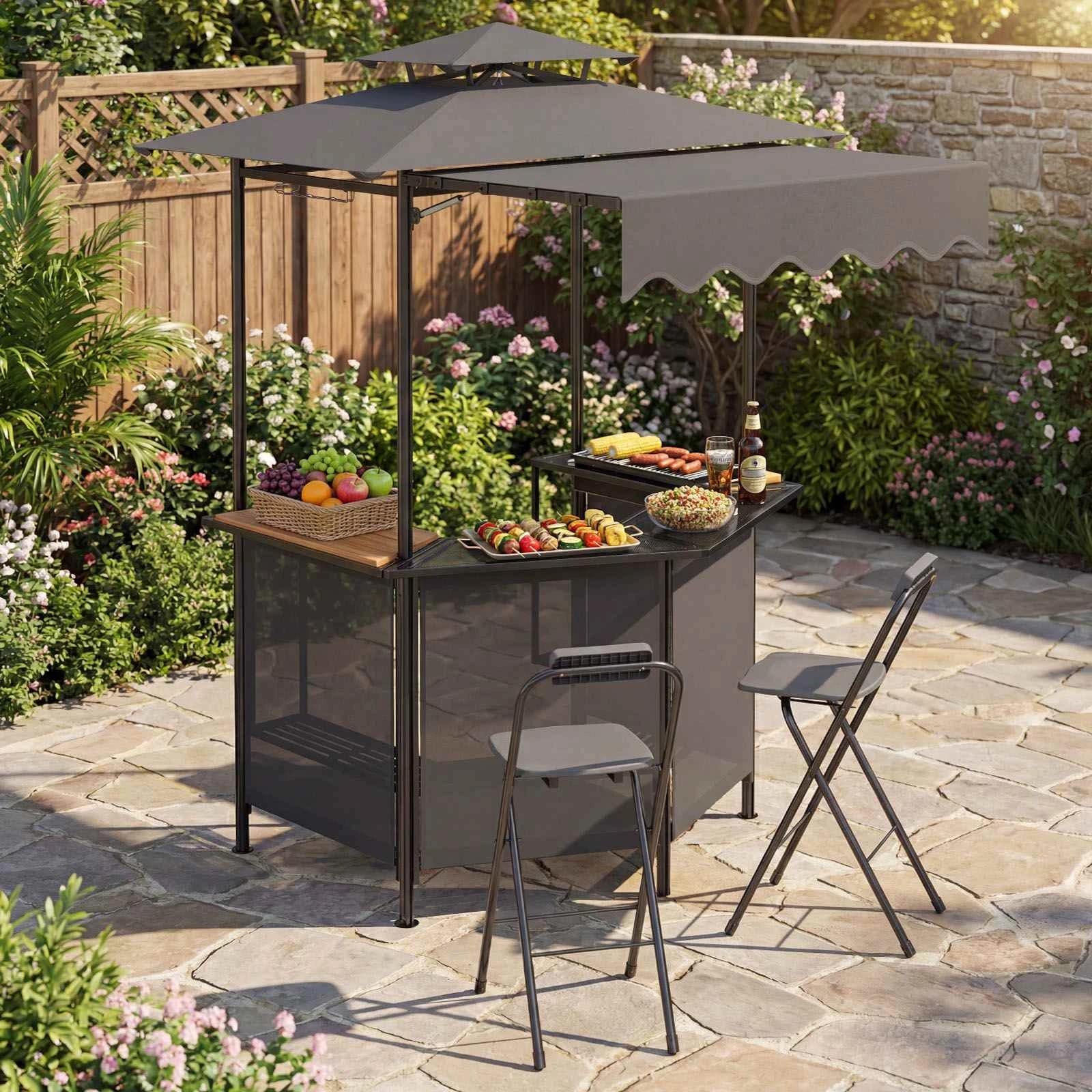 2 Costway 3-Piece Patio Bar Set Outdoor BBQ Canopy Table & 2 Folding Stool Grill Gazebo Shelter - Grey, 2 of 2