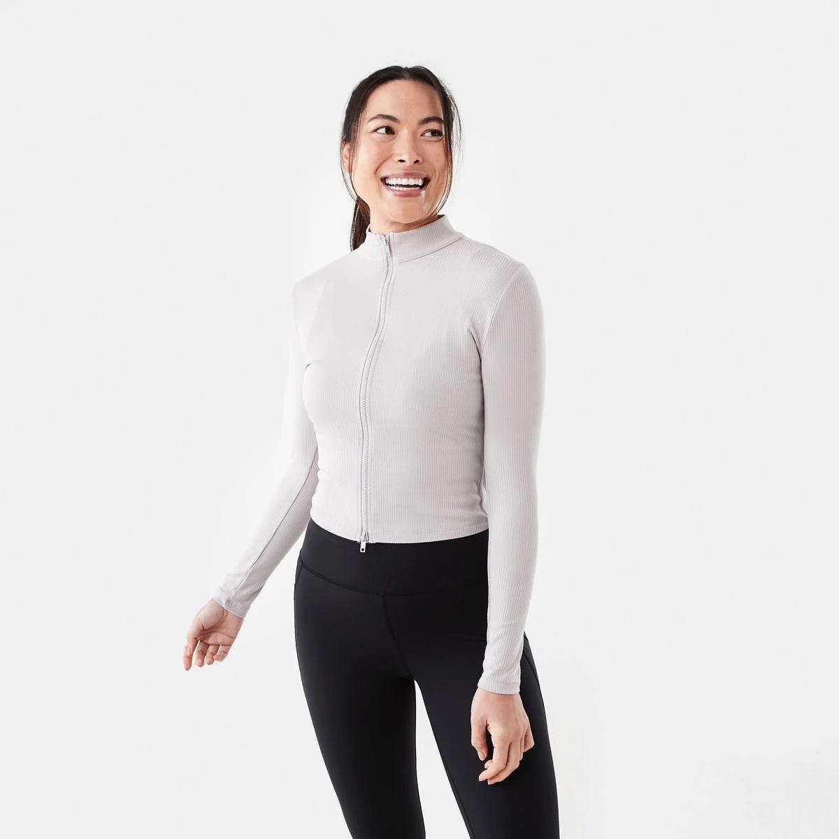 2 Active Womens Ribbed Zip Through Long Sleeve Top Porp Gry, 2 of 7