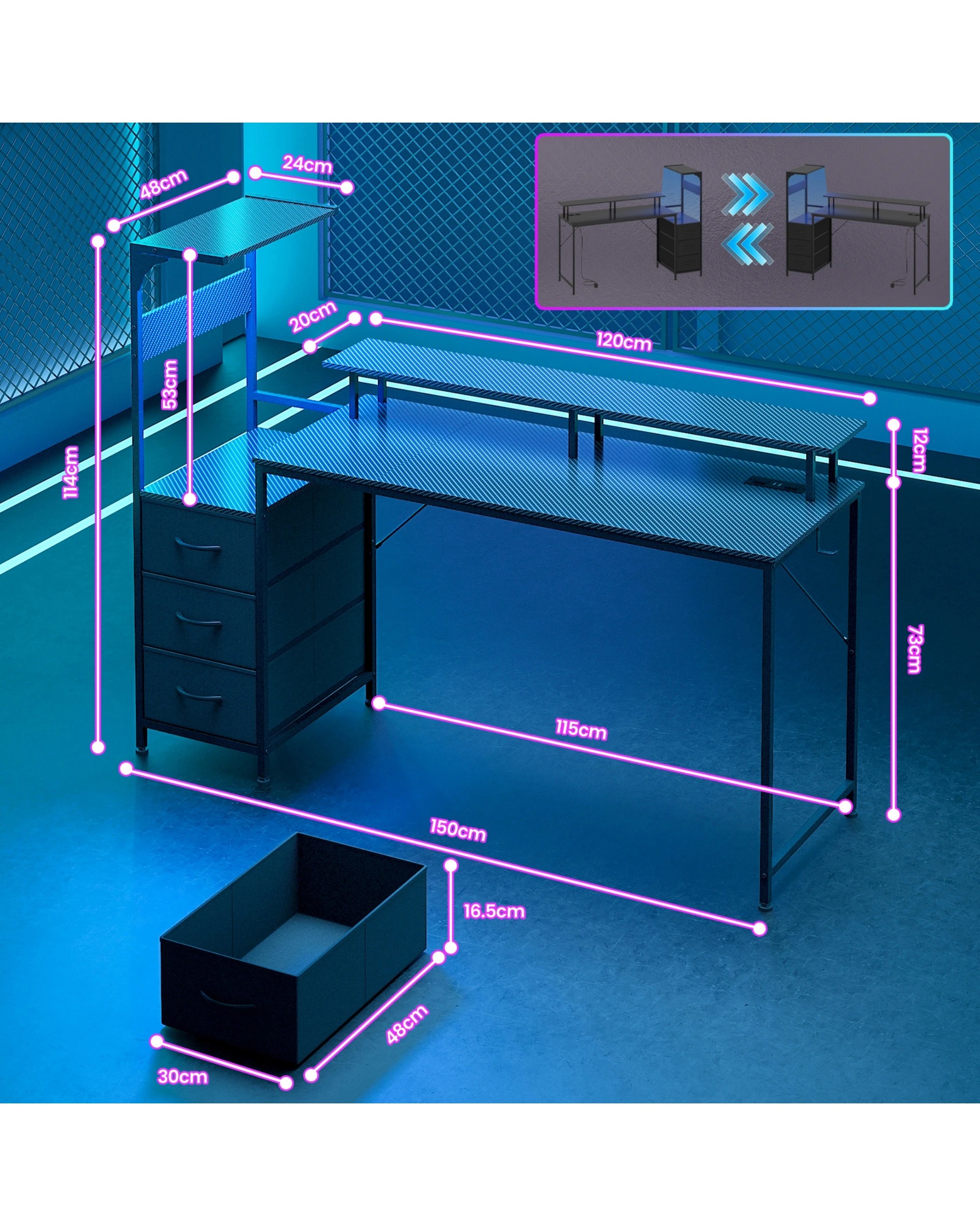 9 Advwin Gaming Desk with LED Lights & Power Outlets Reversible Storage Shelf 150cm Computer Desk, 9 of 10