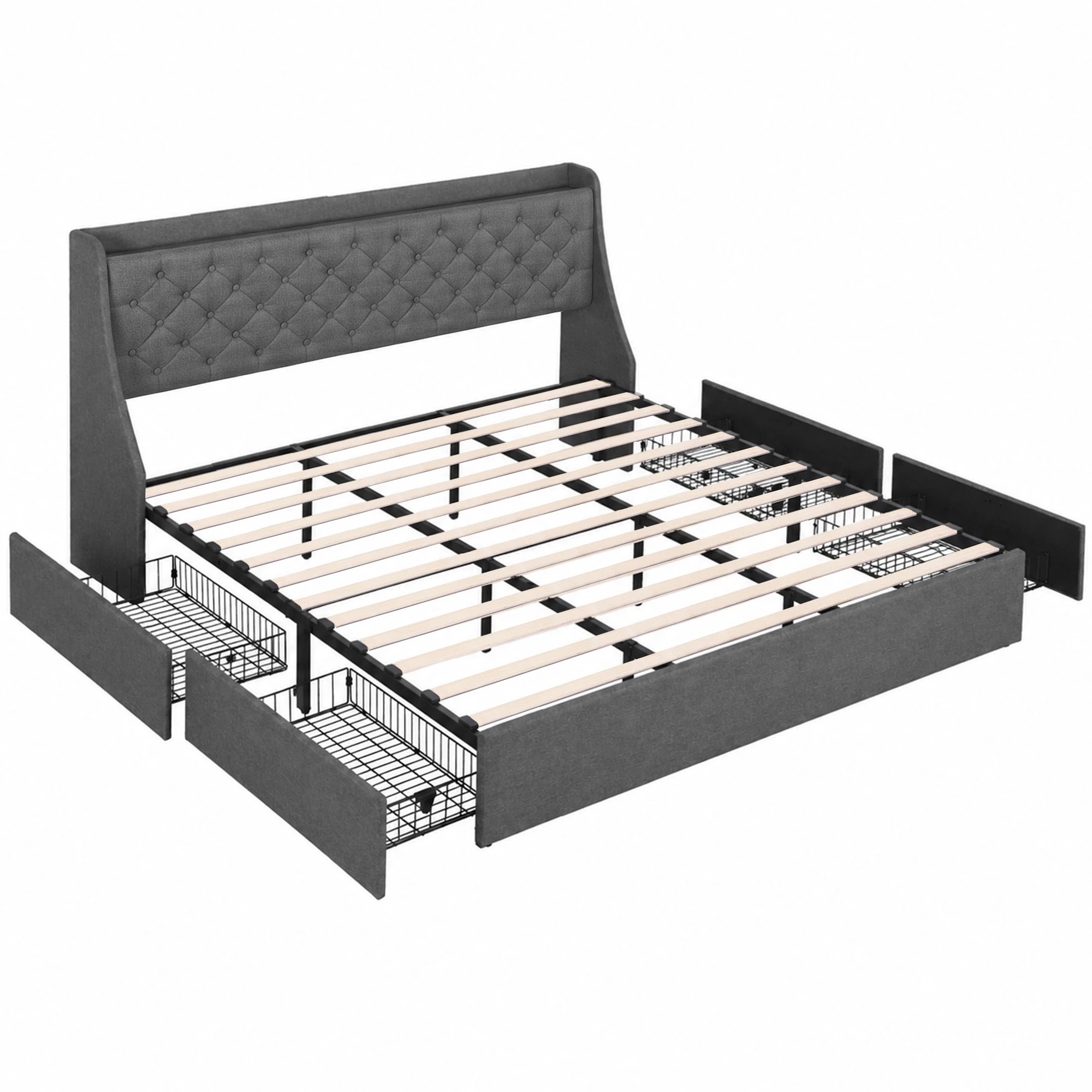 1 Artiss King Bed Frame with 4 Storage Drawers Charging Station Tufted Wingback Headboard 300kg Loads - Charcoal, 1 of 10