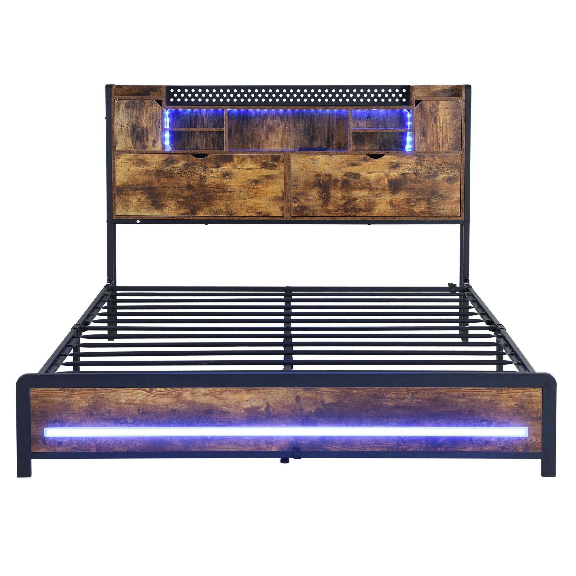 2 Levede Double Size Bed Frame Industrial with LED Charging Station and Storage Bedhead, 2 of 9