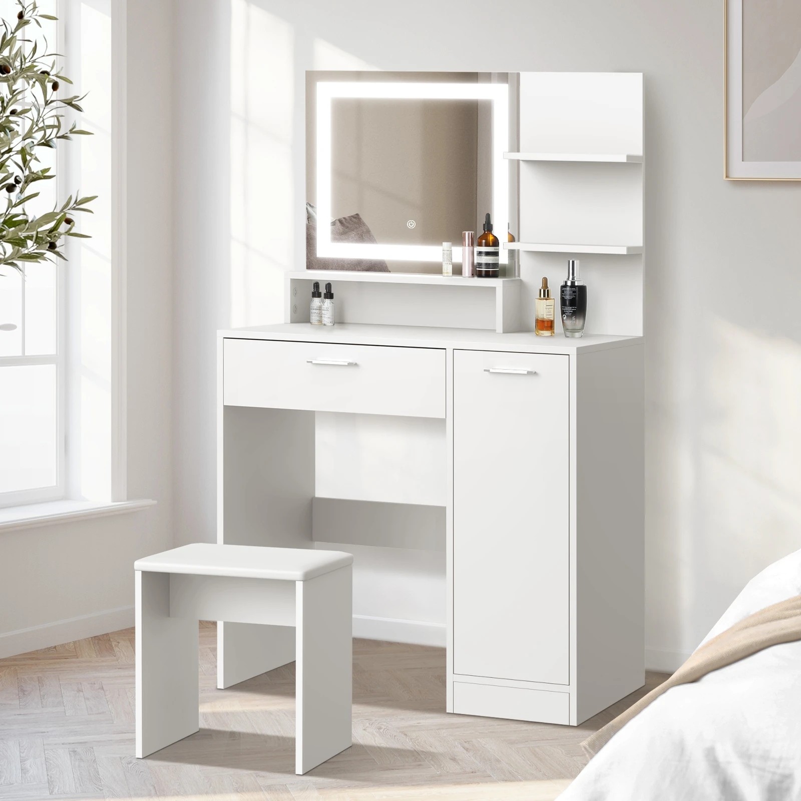 2 Oikiture Dressing Table Stool Set Makeup Mirror Led Light Large Cabinet
 - White, 2 of 9