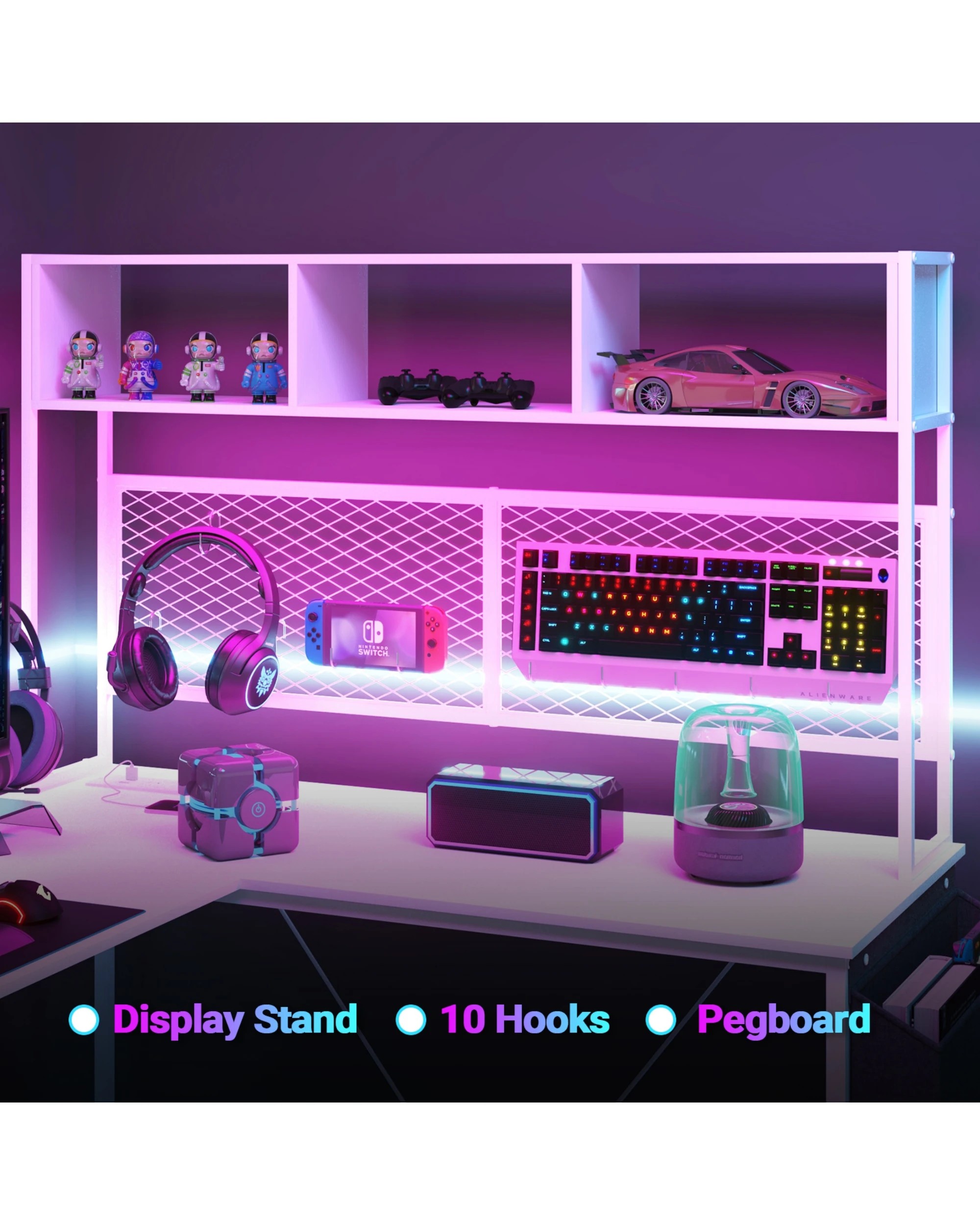 7 Advwin 170cm L Shaped Gaming Desk With Led Lights & Power Outlets Reversible Storage Shelf Computer Corner Desk White, 7 of 9