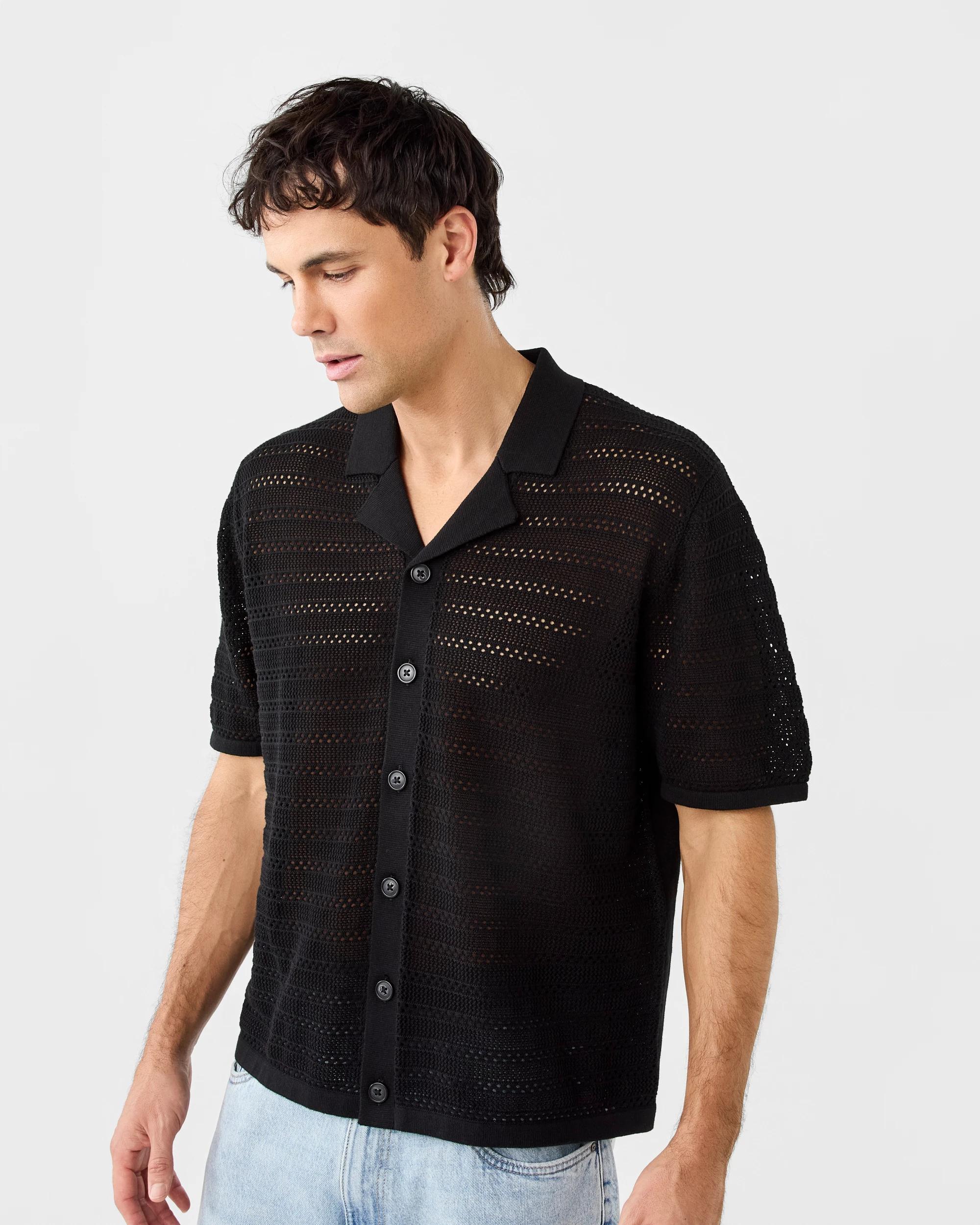 2 Short Sleeve Textured Knit Shirt Black, 2 of 6