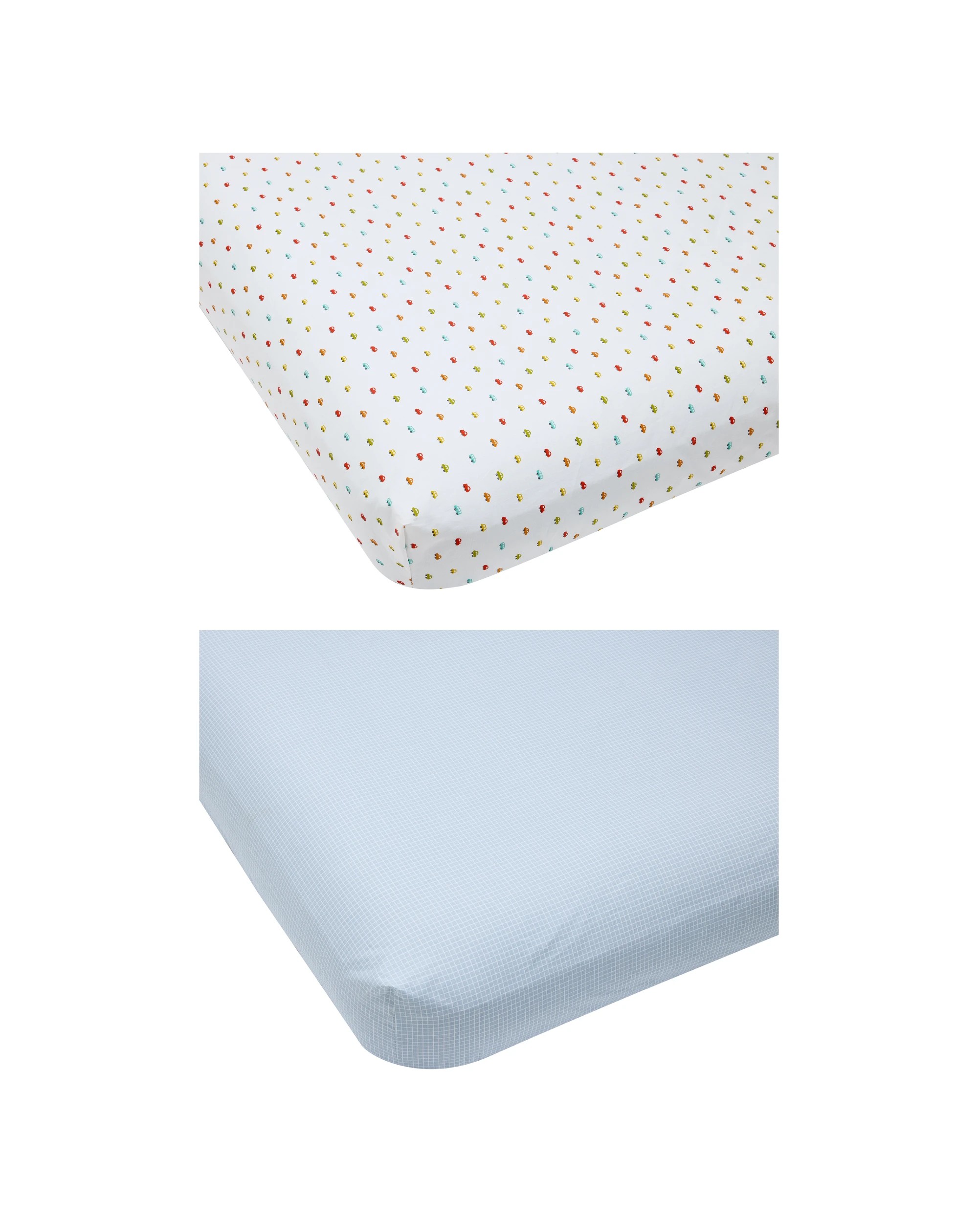 1 2 Pack 225 Thread Count Organic Cotton Fitted Cot Sheets - Cars and Checkered, 1 of 6