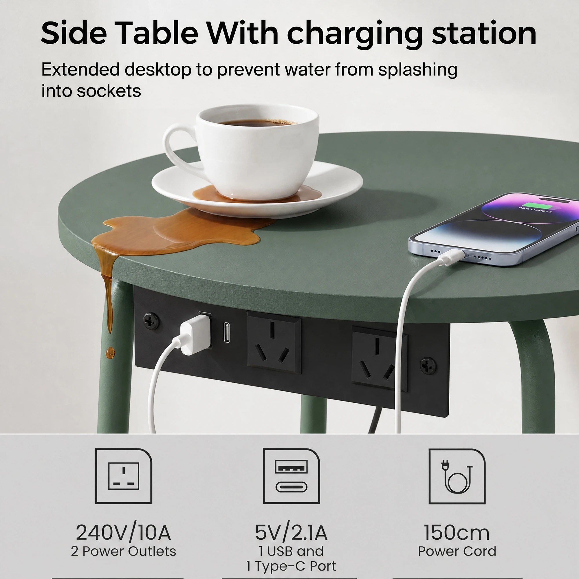 6 Advwin Small Round Side Table with Charging Station Nightstand with Fabric Basket - Green, 6 of 8
