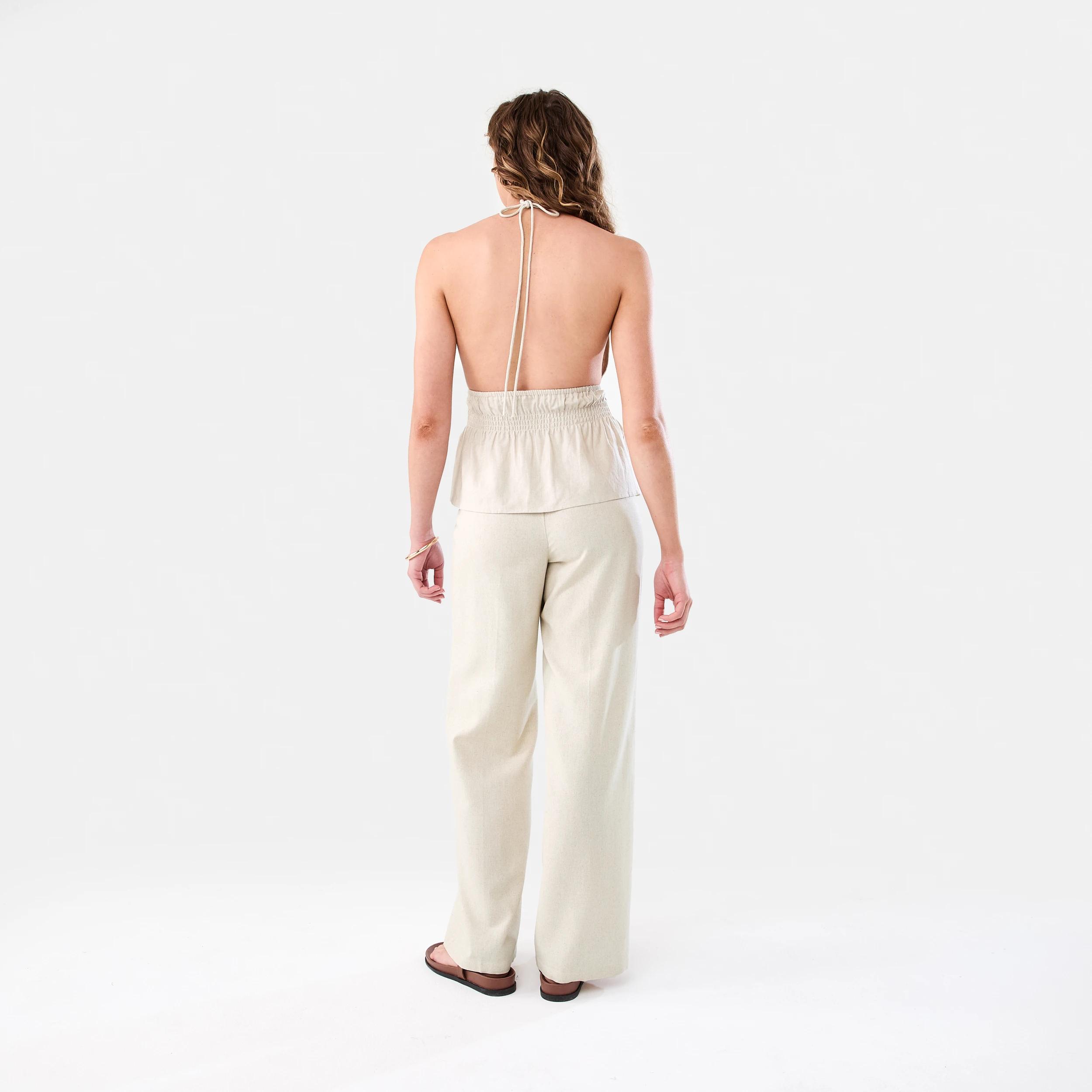 4 Linen Blend Tie Front Halter Neck Top Natural, 4 of 7