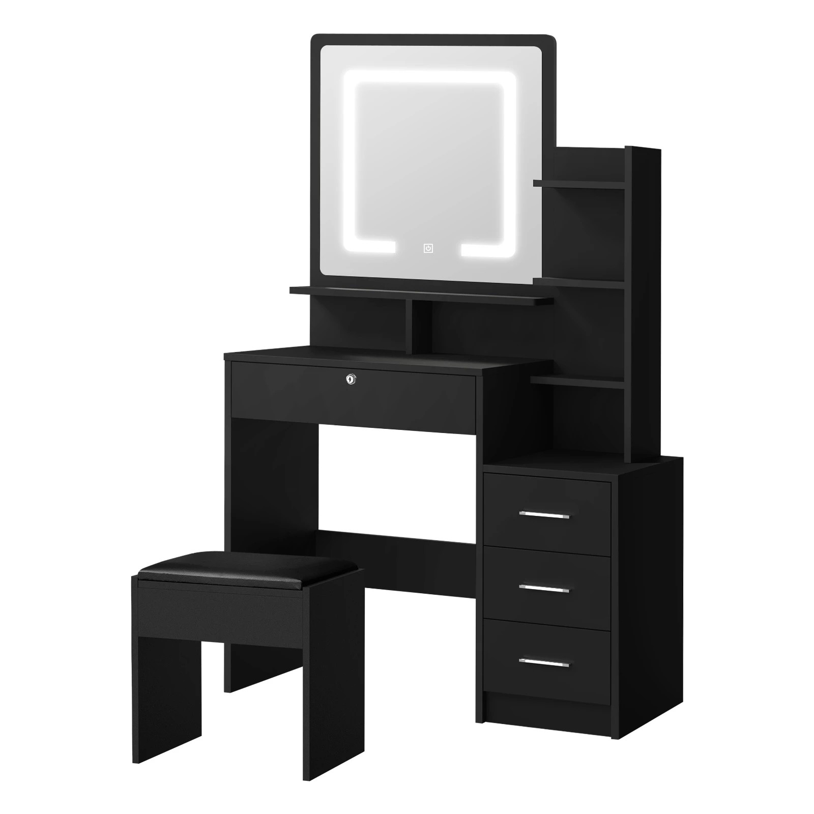 1 Oikiture Dressing Table Stool Set Makeup Mirror Led Light Storage Cabinet
 - Black, 1 of 9