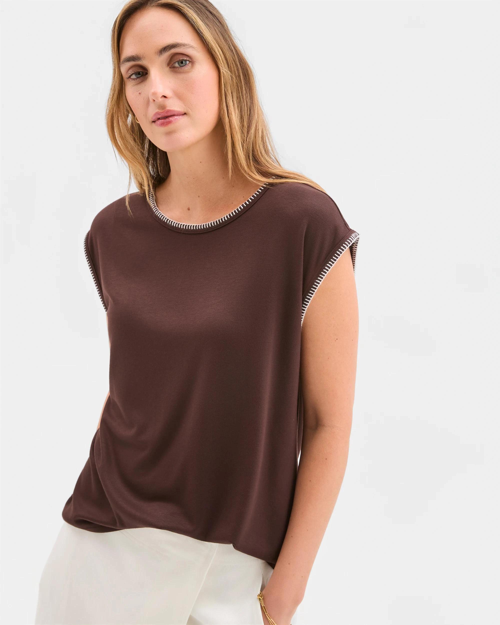 3 Target Woman Short Sleeve Blanket Stitch T-Shirt ESPRESSO/CLOUD DANCER, 3 of 6