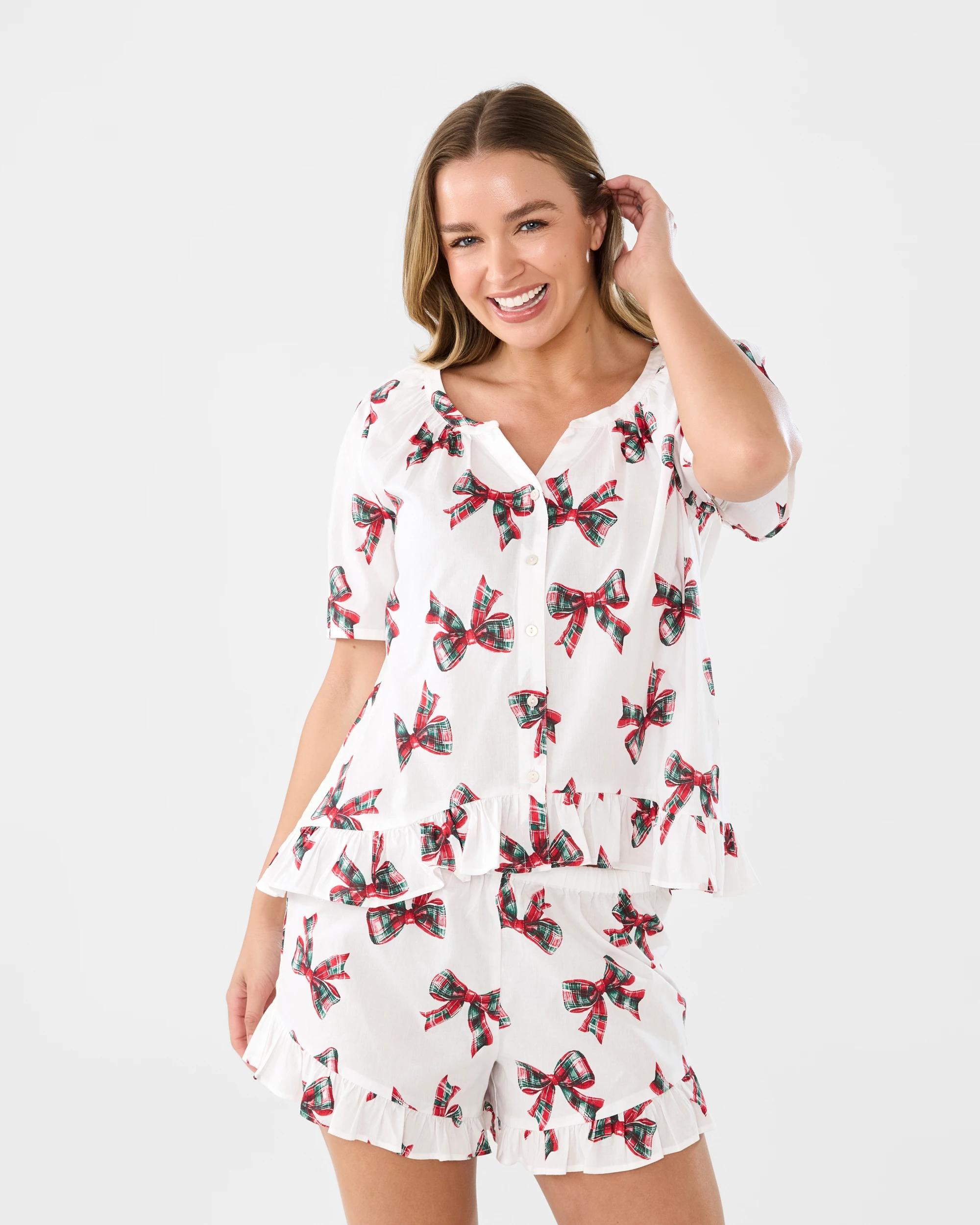 1 Short Sleeve Ruffle Woven Top & Shorts Pyjama Set Xmas Bows, 1 of 10