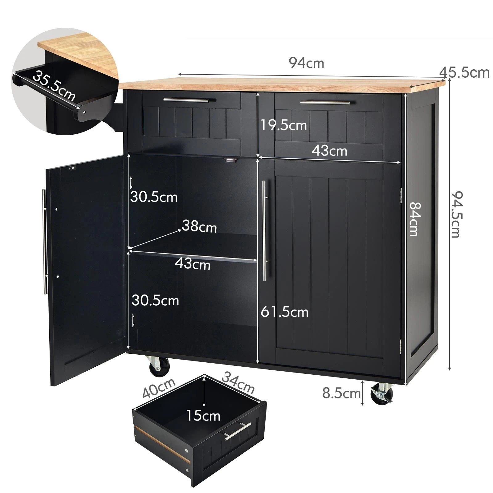 2 Costway Kitchen Island Trolley Rubber Wood Top Black, 2 of 5