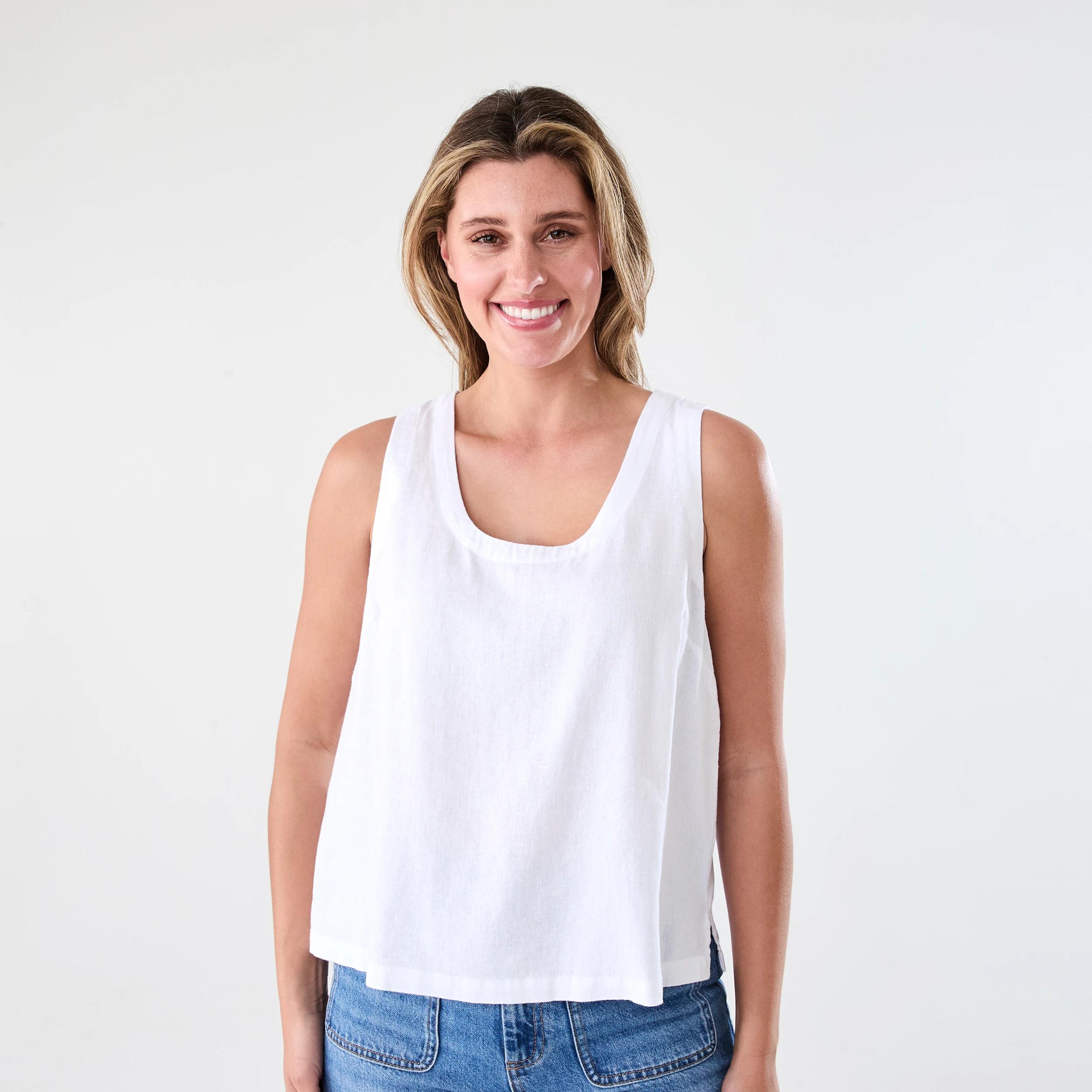 1 Sleeveless Linen Blend Scoop Neck Tank White, 1 of 6
