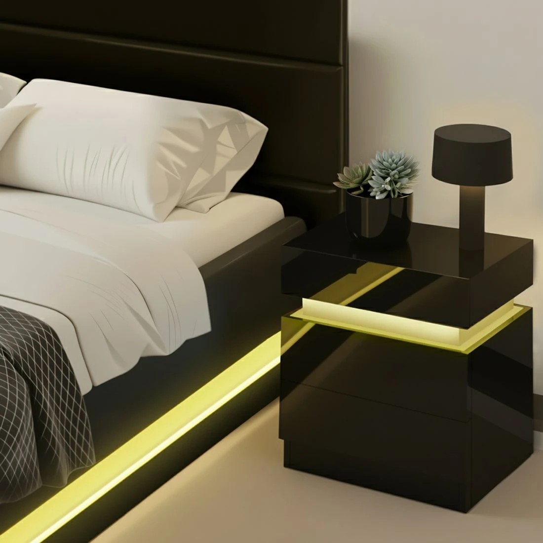 6 Artiss RGB LED Queen Bed Frame with 2 Beside Tables Set 16 Colour Mood - Black, 6 of 8