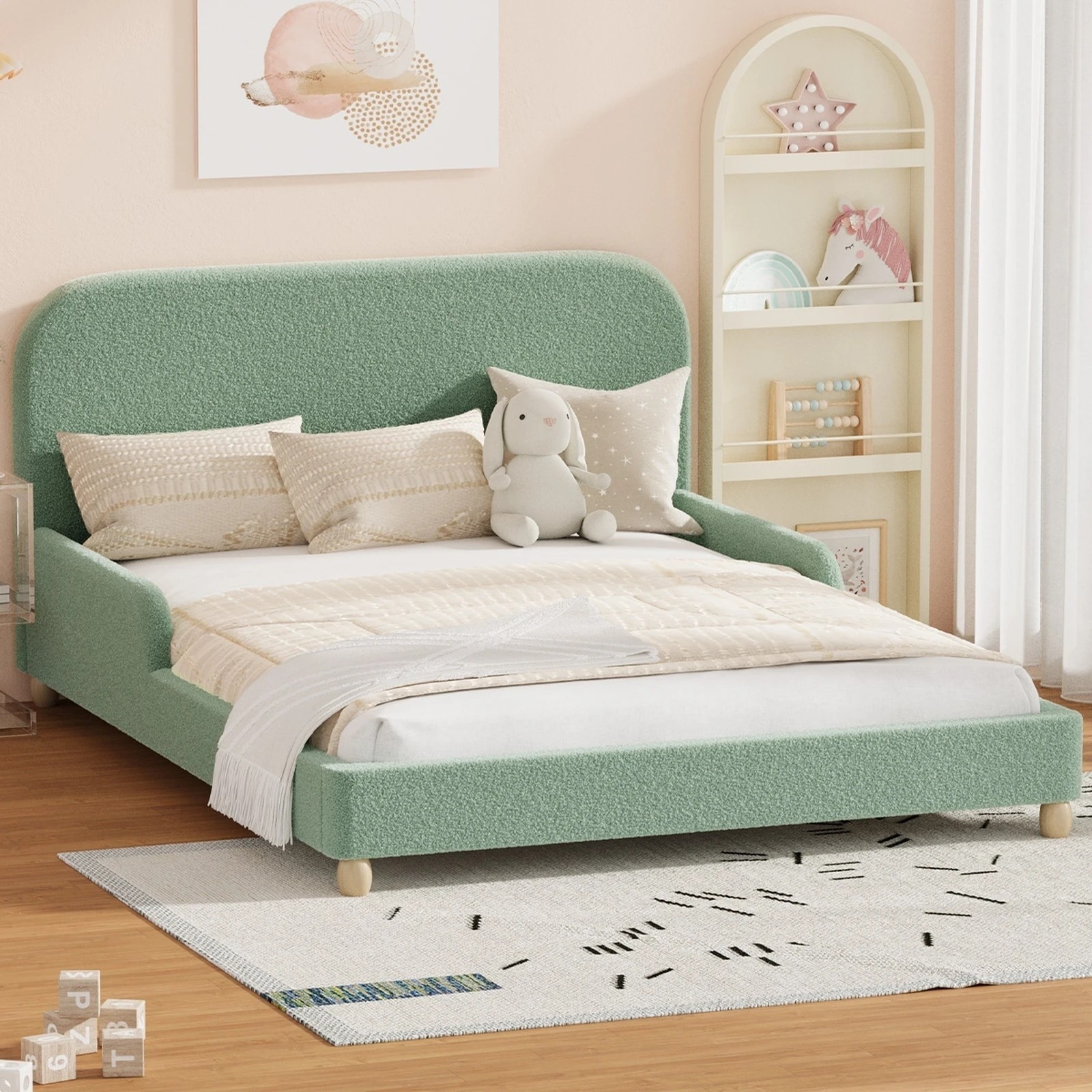3 Oikiture Kids Bed Frame Double Size Base with Side Guard Rails Boucle - Green, 3 of 8
