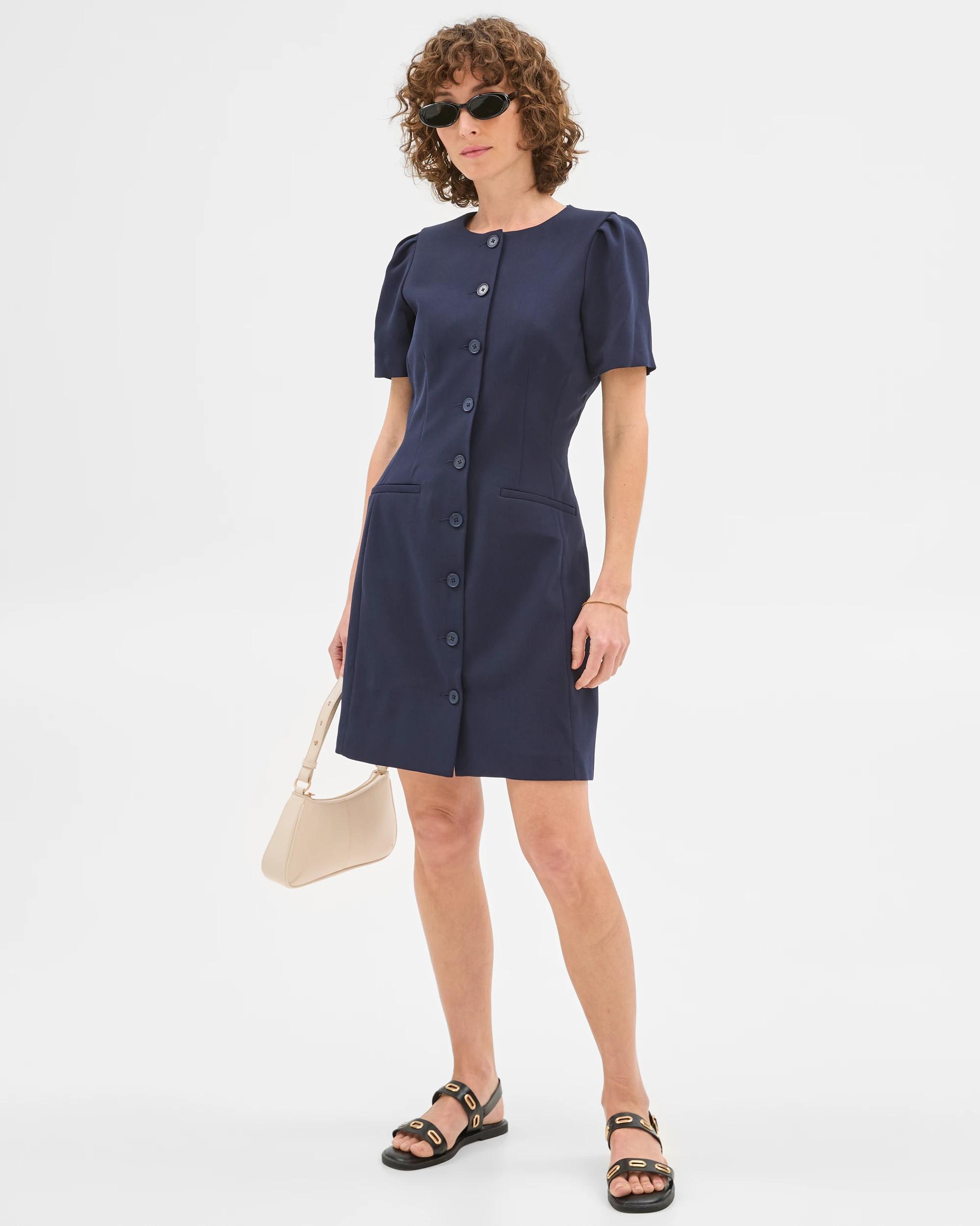 2 Crepe Tailored Puff Sleeve Dress - Preview NAVY BLUE, 2 of 6