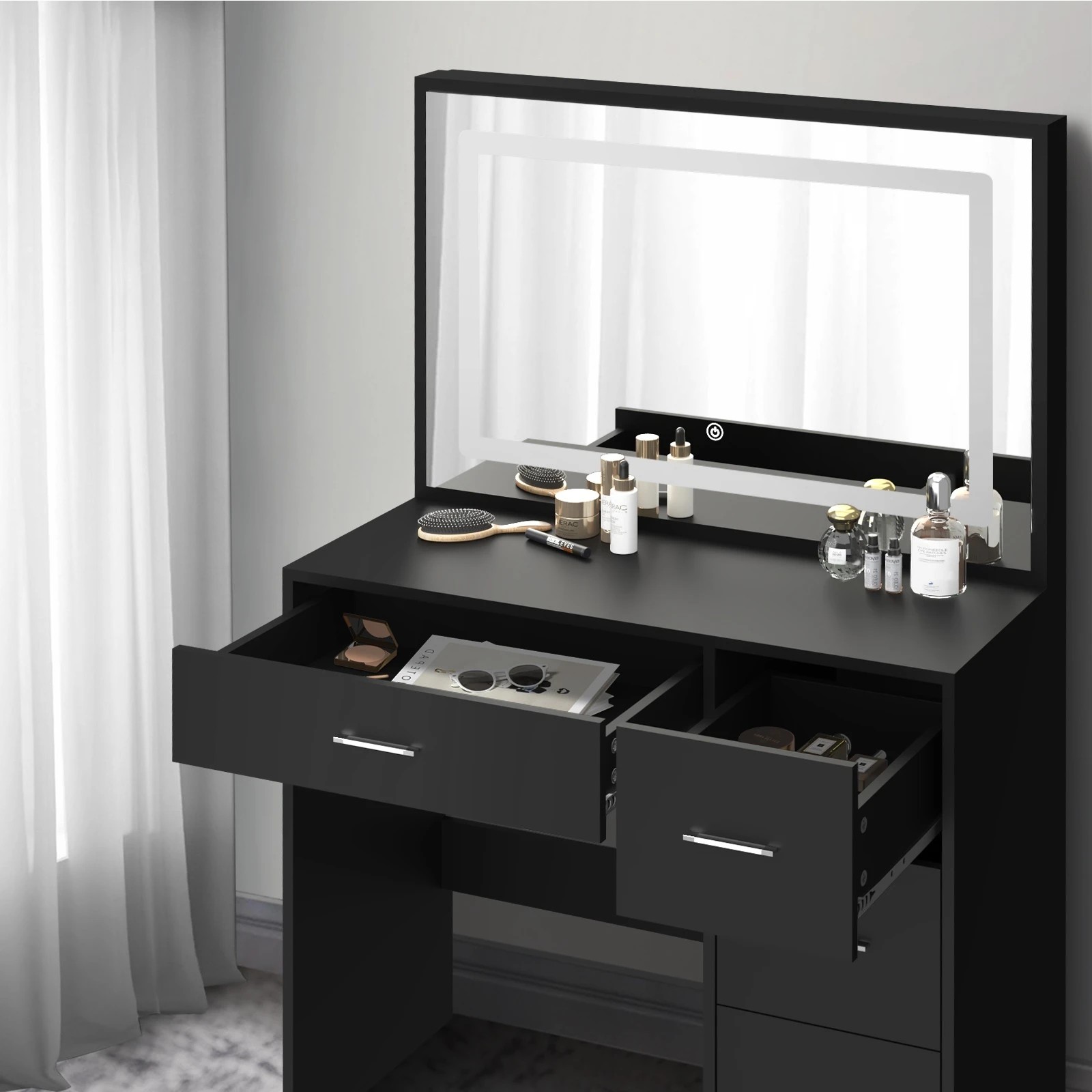 5 Oikiture Dressing Table Stool Set Large Makeup Mirror Led Light Vanity
 - Black, 5 of 9