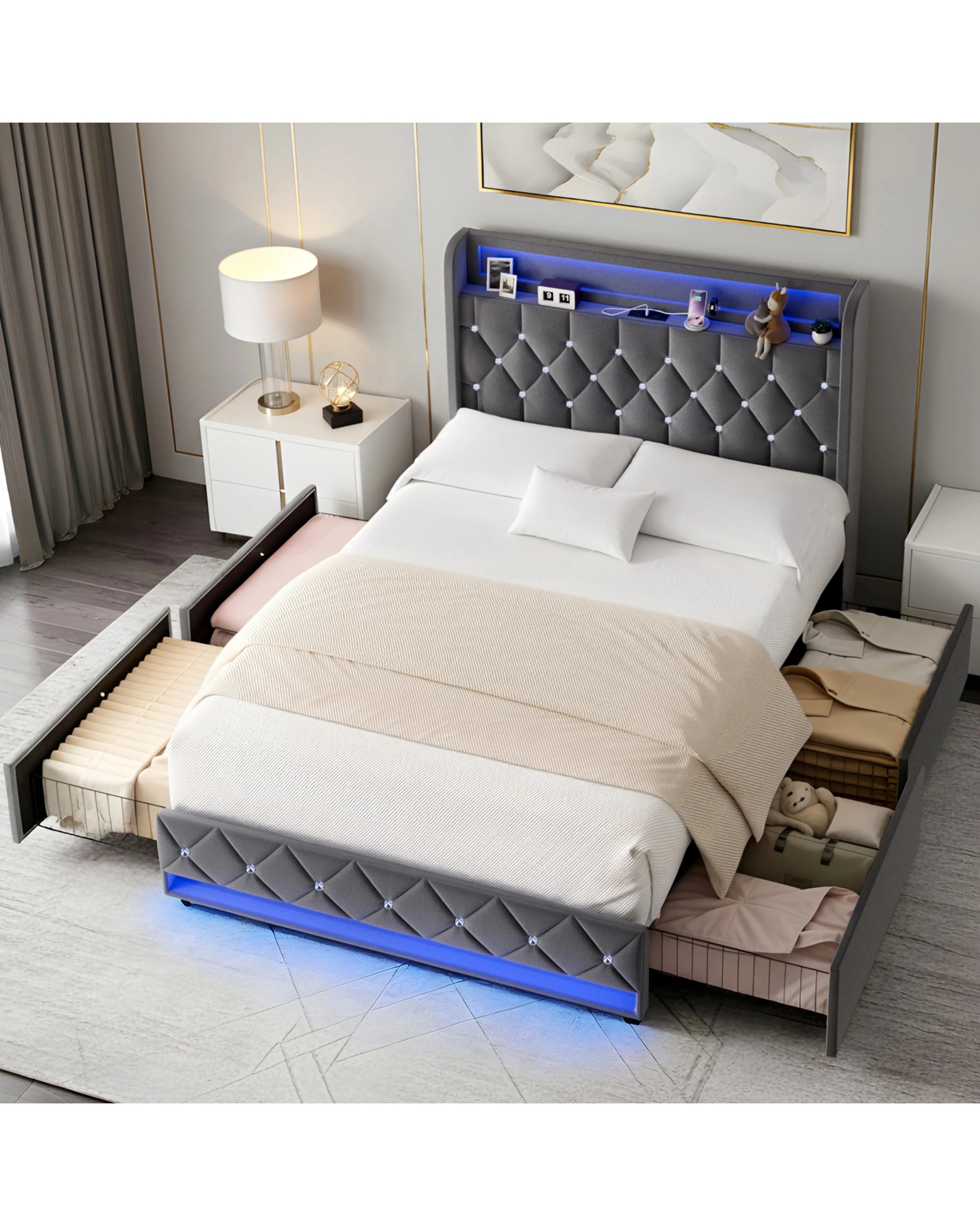 7 Advwin Double LED Bed Frame with Velvet Upholstered Headboard & Charging Station - Grey, 7 of 7