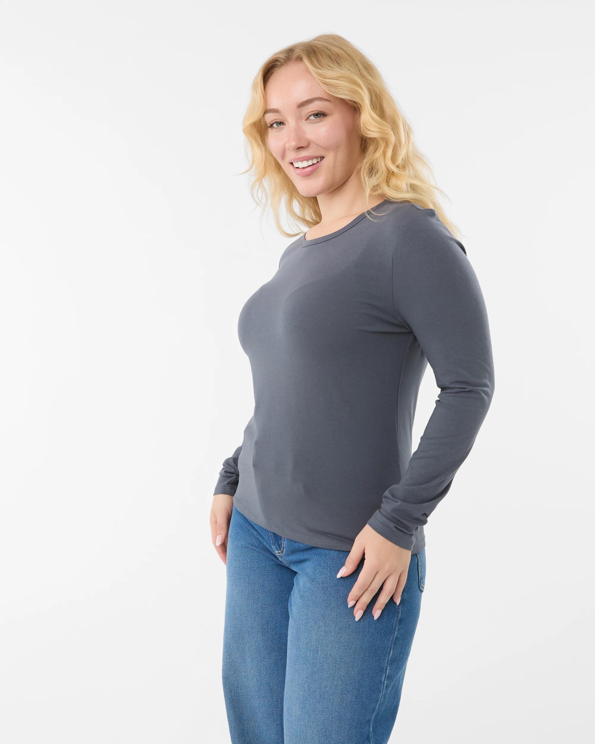 2 Long Sleeve Stretch Crew Neck T-shirt Lead Grey, 2 of 6