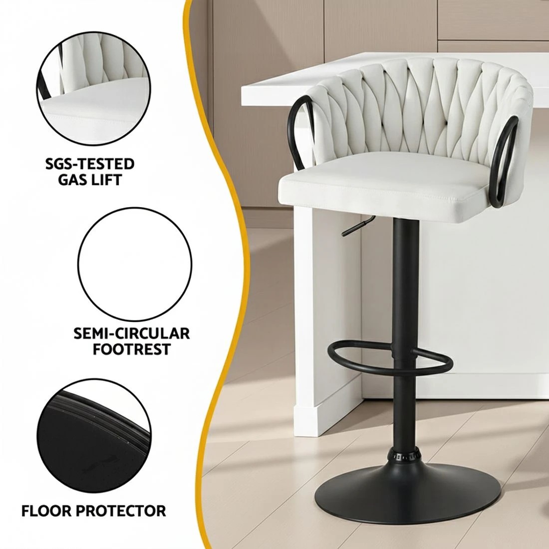 6 Artiss Bar Stool x2 Kitchen Dining Chair Counter Gaslift Woven Velvet - Beige, 6 of 6