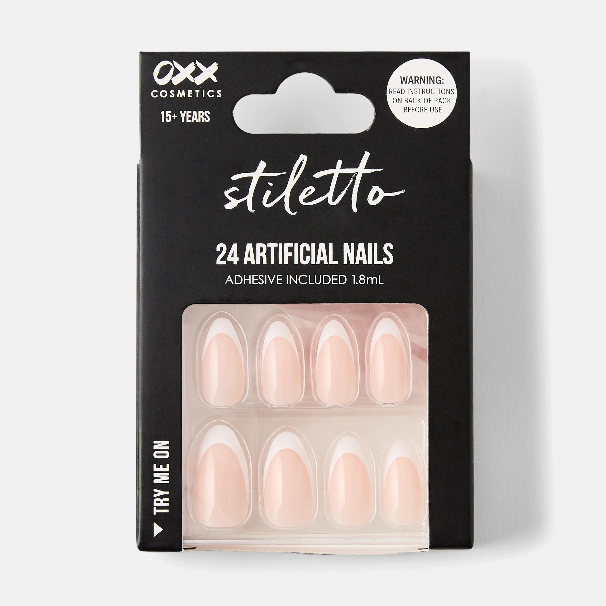 1 OXX Cosmetics 24 Pack Artificial Nails with Adhesive - Stiletto Shape, French Tip, 1 of 5