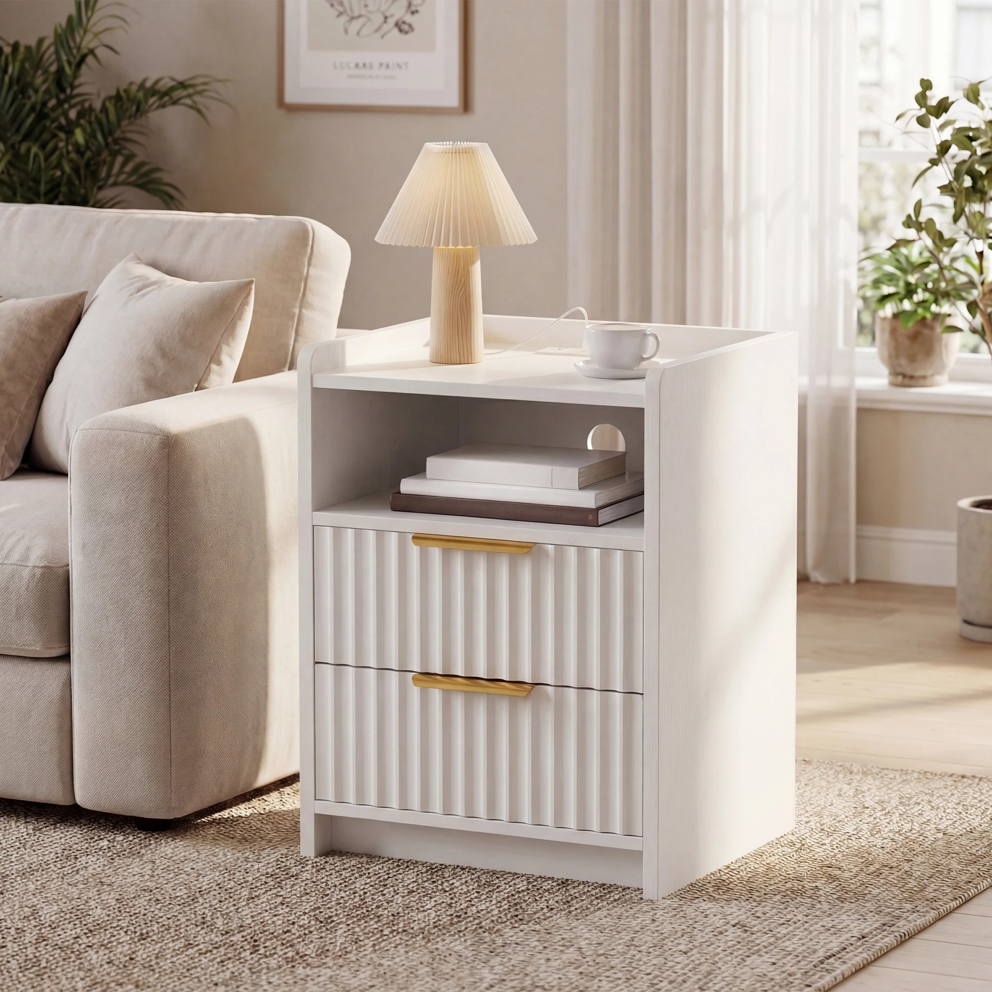 7 Advwin Bedside Table with Charging Station 2 Drawers Open Shelf - White, 7 of 7